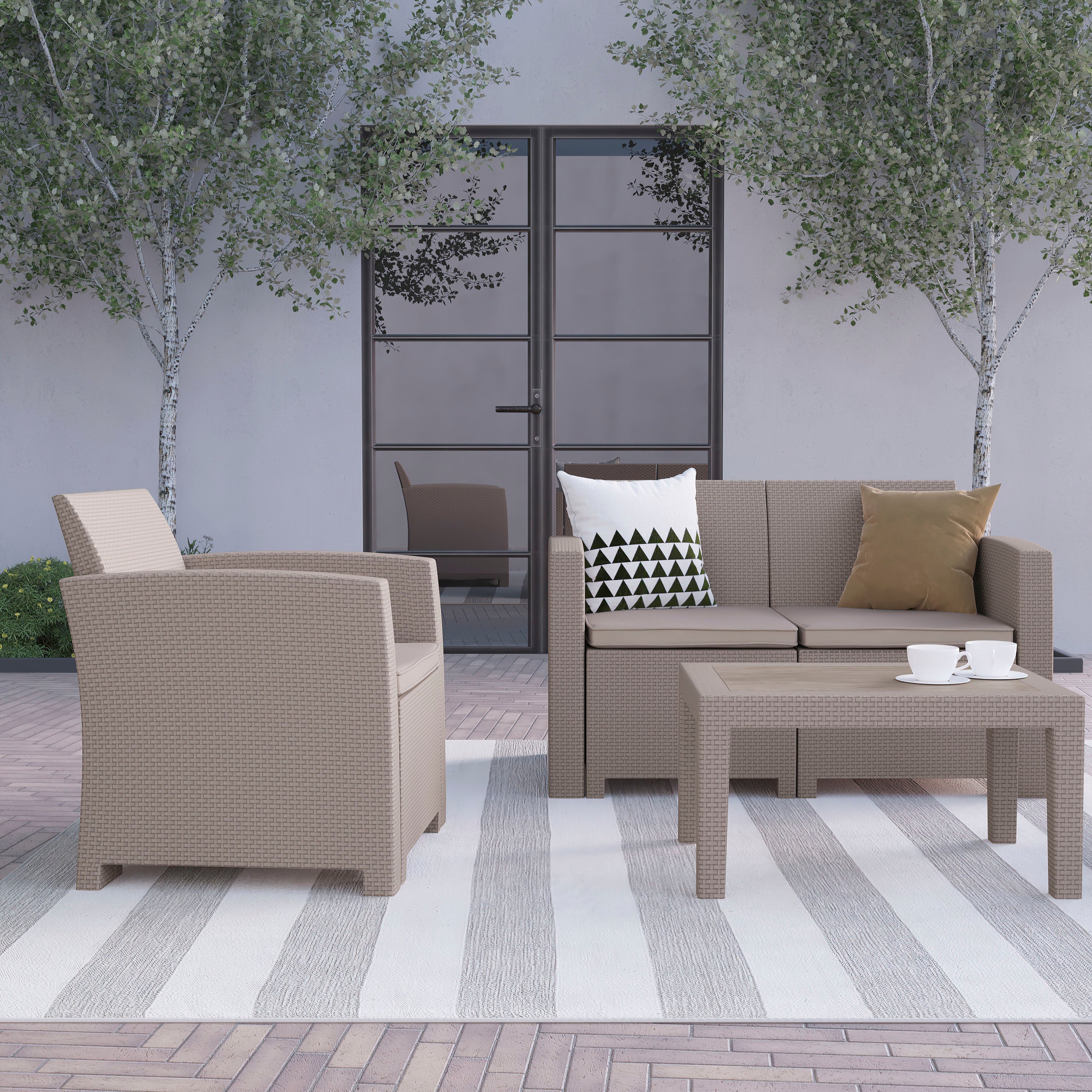 Seneca 4 Piece Outdoor Faux Rattan Chair, Loveseat and Table Set in Seneca Light Gray