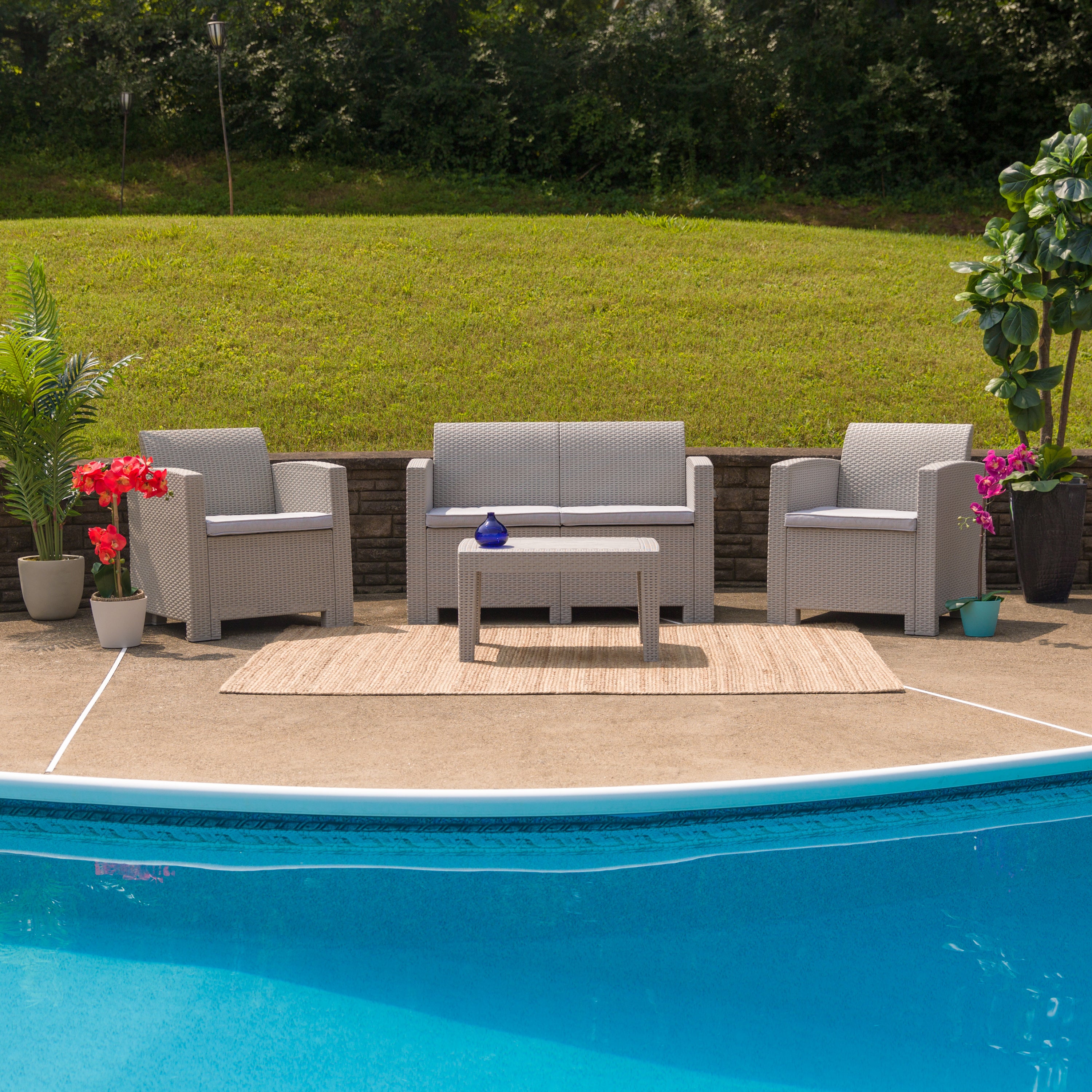 Seneca 4 Piece Outdoor Faux Rattan Chair, Loveseat and Table Set in Seneca Light Gray