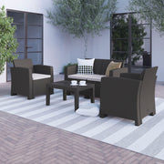 Seneca 4 Piece Outdoor Faux Rattan Chair, Loveseat and Table Set in Seneca Dark Gray