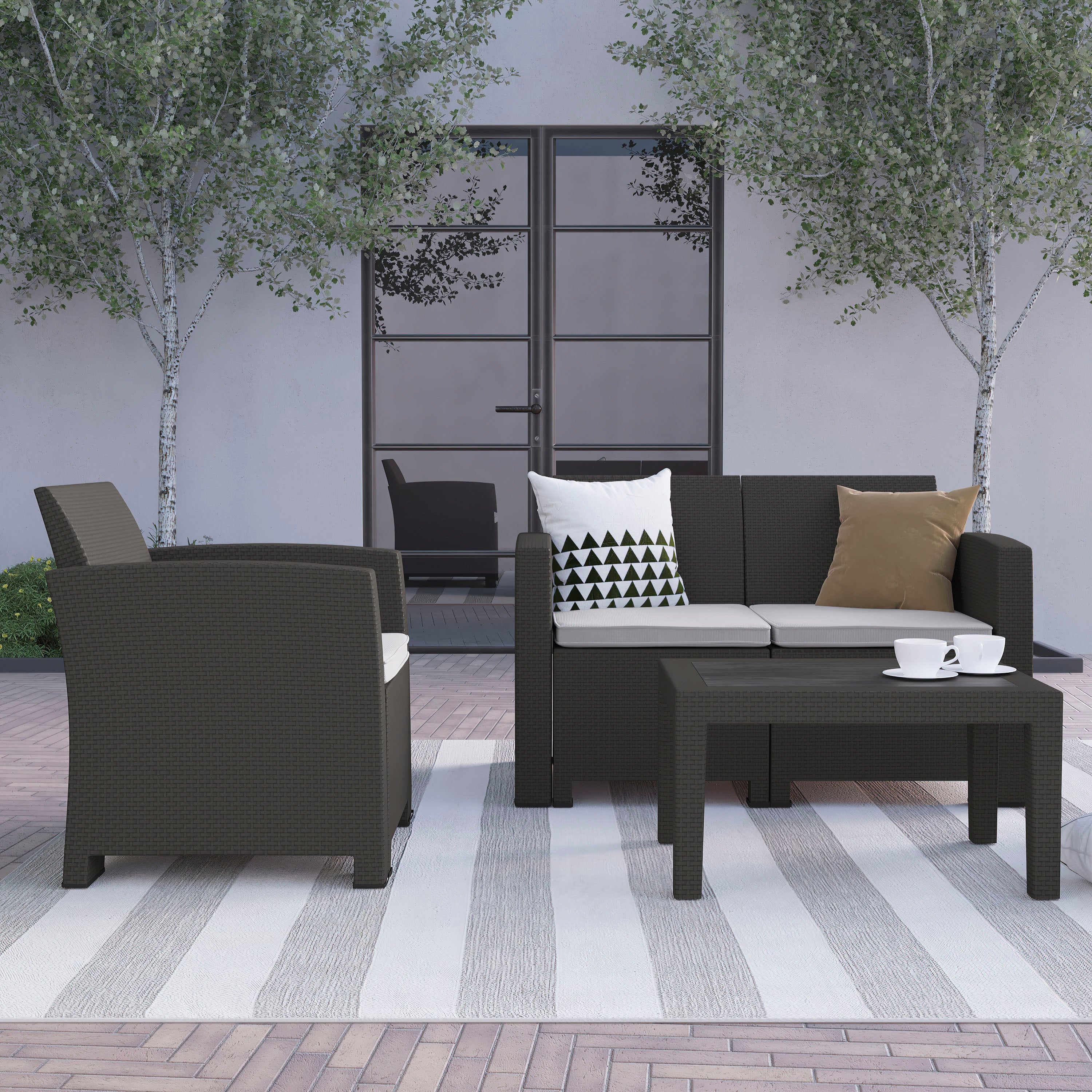 Seneca 4 Piece Outdoor Faux Rattan Chair, Loveseat and Table Set in Seneca Dark Gray