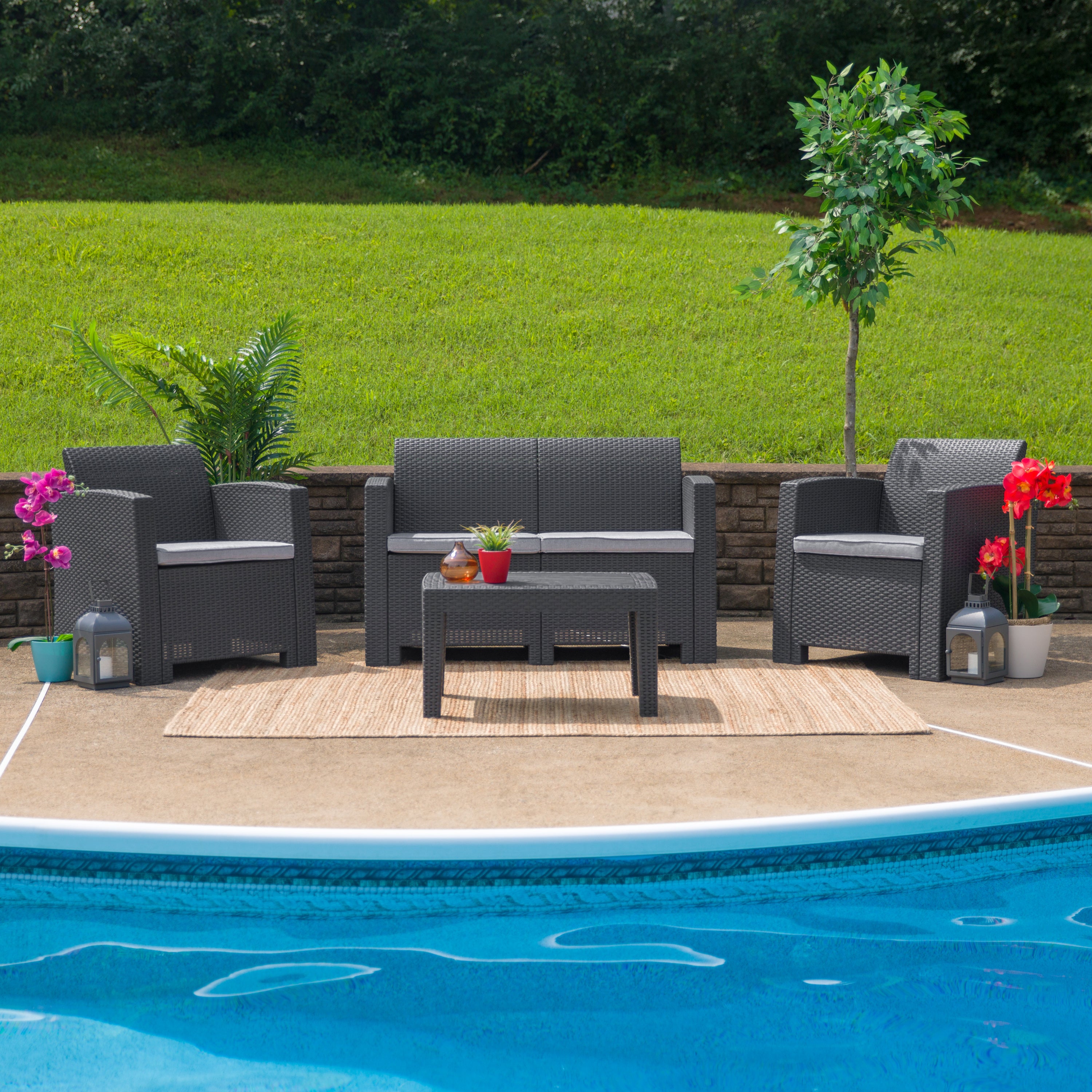 Seneca 4 Piece Outdoor Faux Rattan Chair, Loveseat and Table Set in Seneca Dark Gray