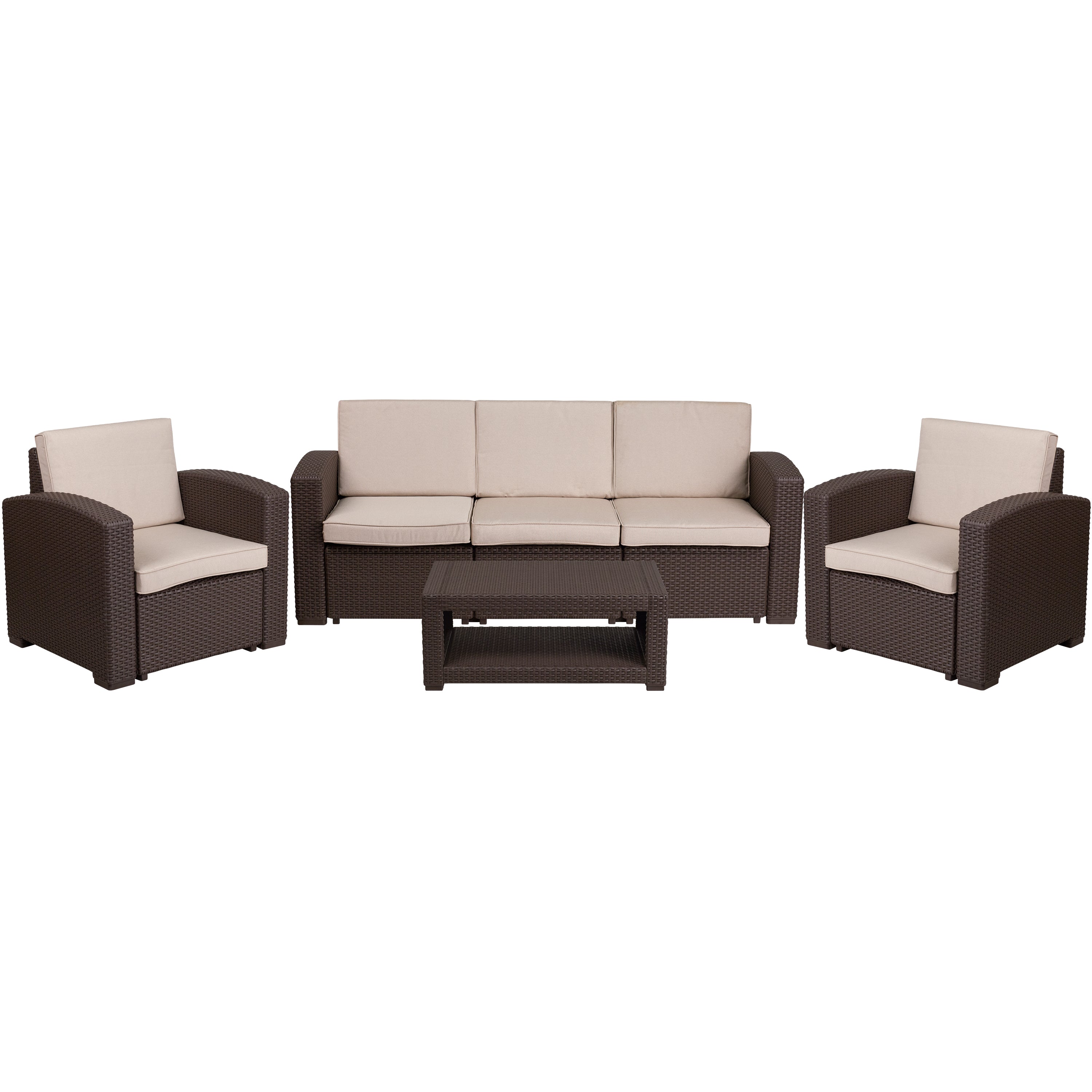 Seneca 4 Piece Outdoor Faux Rattan Chair, Sofa and Table Set in Seneca Chocolate Brown