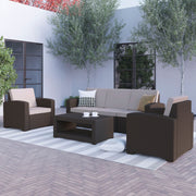Seneca 4 Piece Outdoor Faux Rattan Chair, Sofa and Table Set in Seneca Chocolate Brown