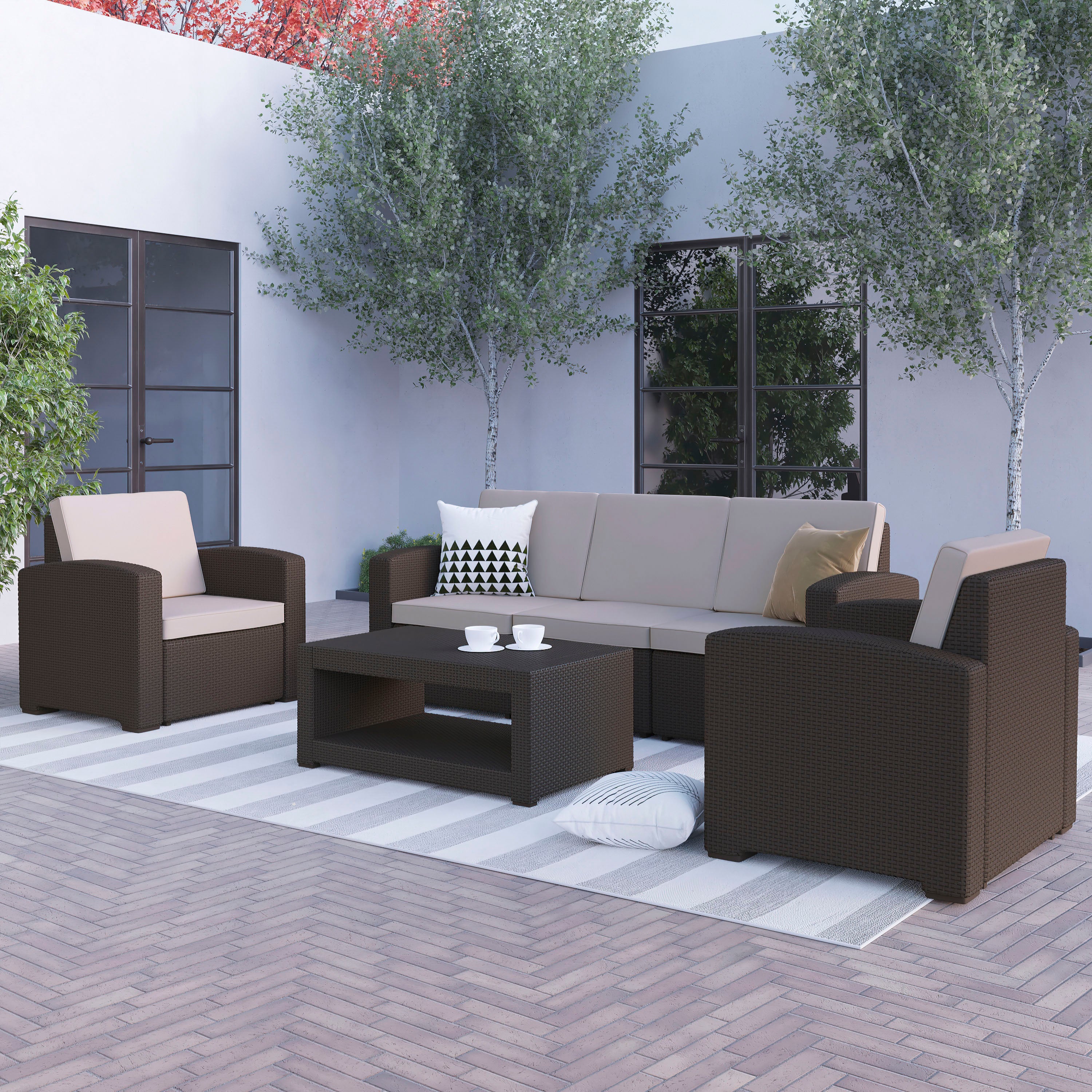 Seneca 4 Piece Outdoor Faux Rattan Chair, Sofa and Table Set in Seneca Chocolate Brown