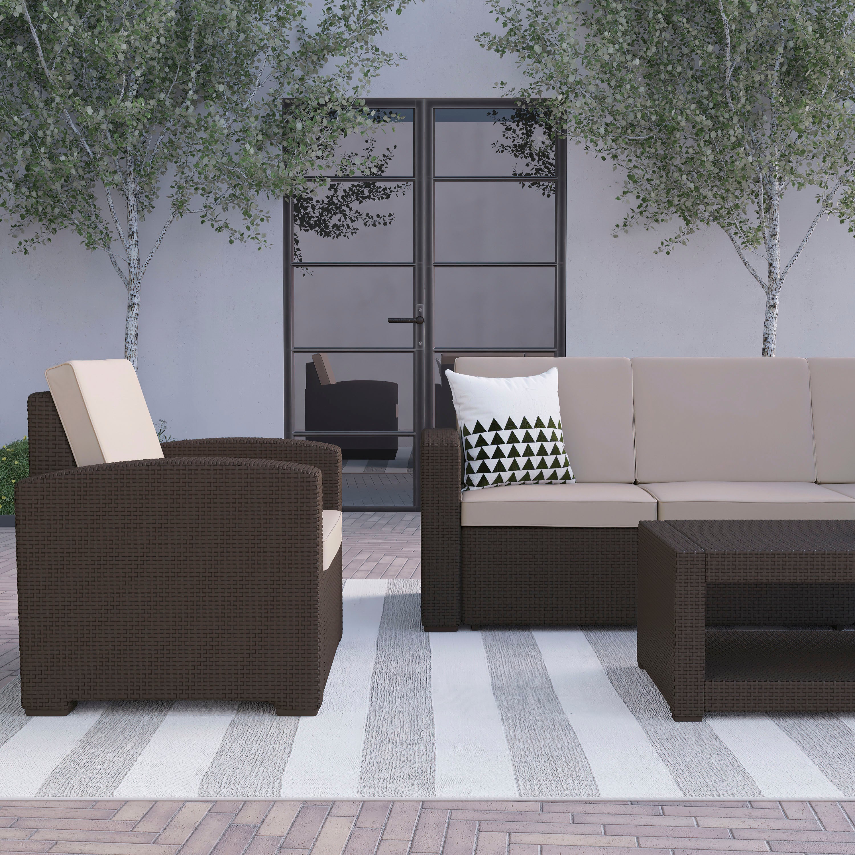 Seneca 4 Piece Outdoor Faux Rattan Chair, Sofa and Table Set in Seneca Chocolate Brown