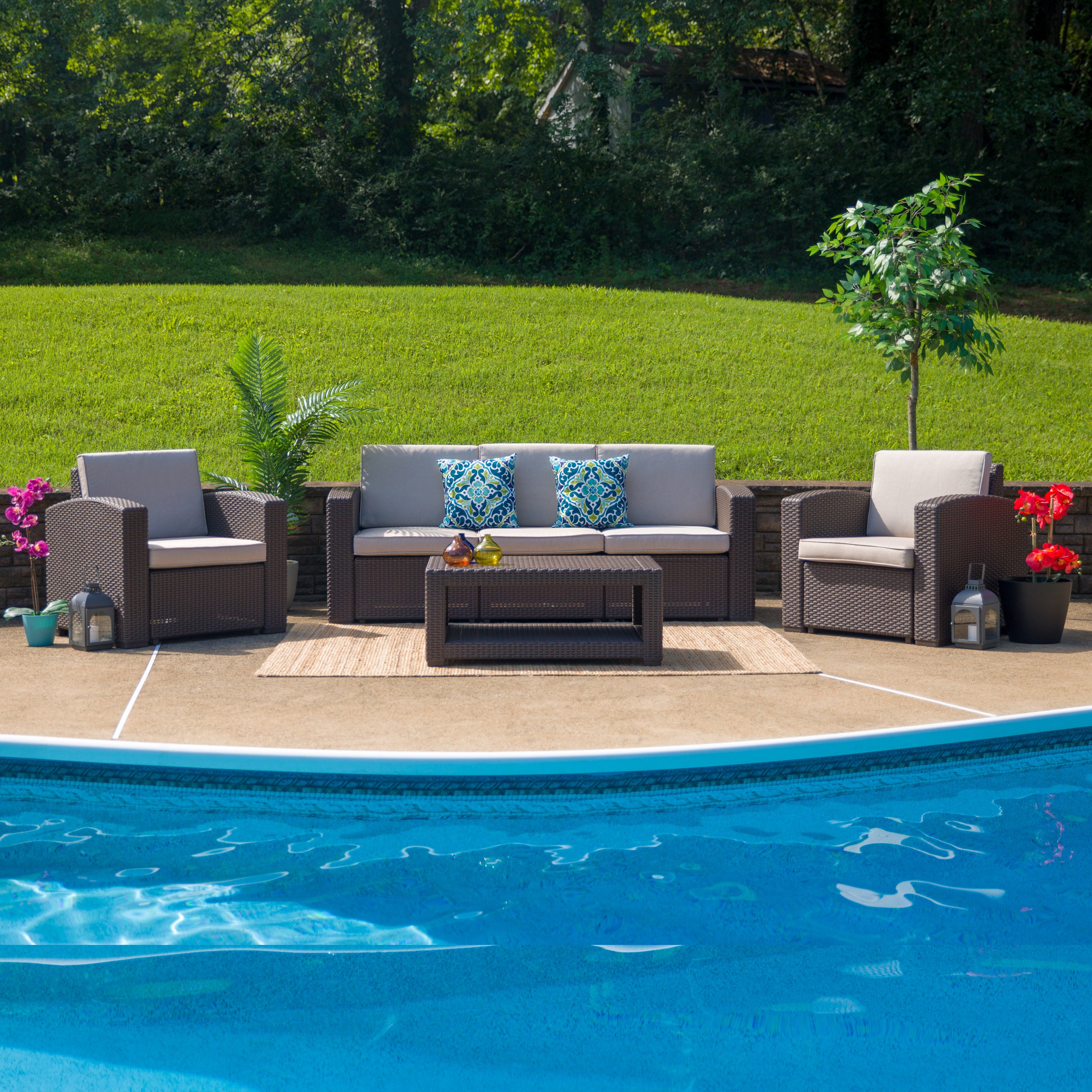 Seneca 4 Piece Outdoor Faux Rattan Chair, Sofa and Table Set in Seneca Chocolate Brown