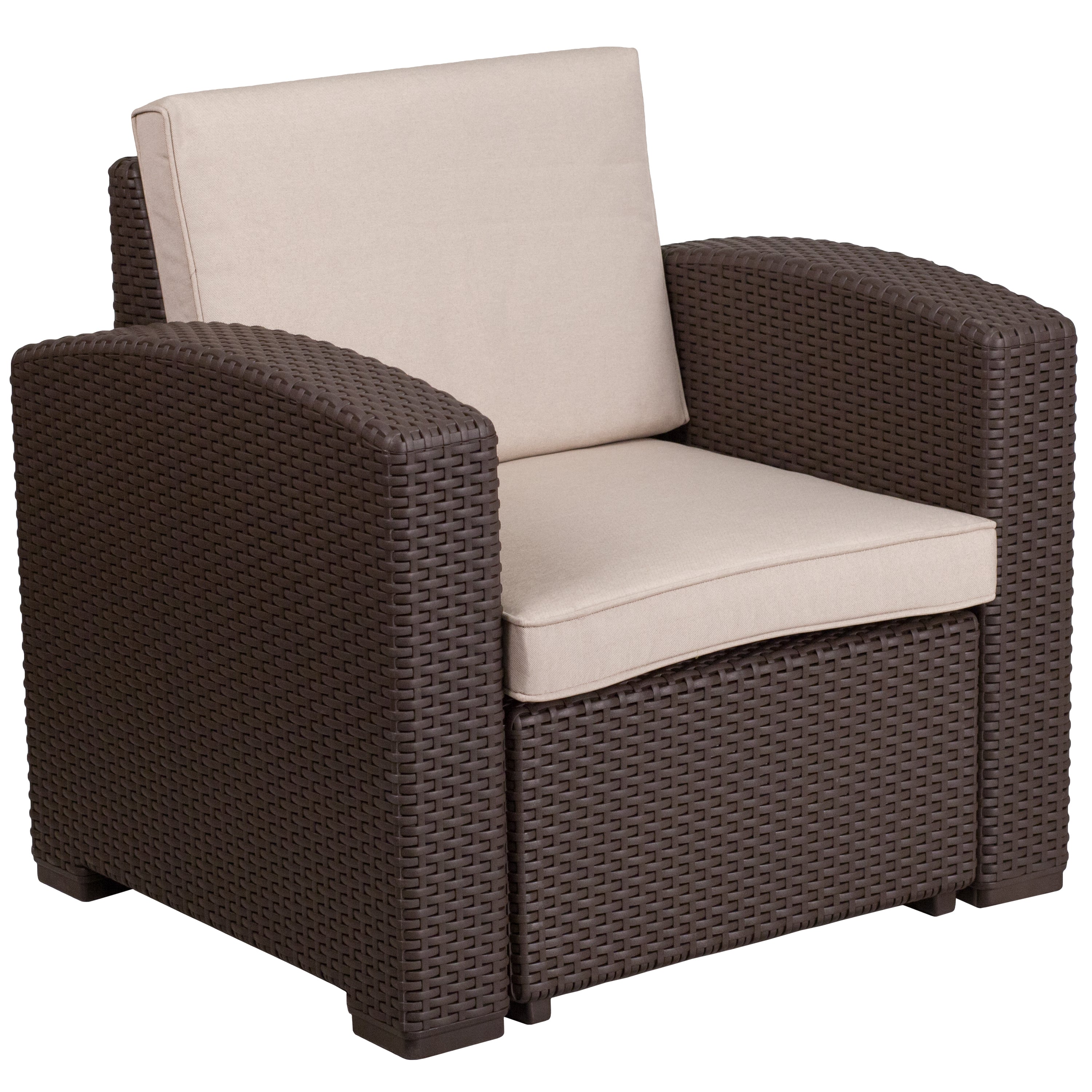 Seneca 4 Piece Outdoor Faux Rattan Chair, Sofa and Table Set in Seneca Chocolate Brown