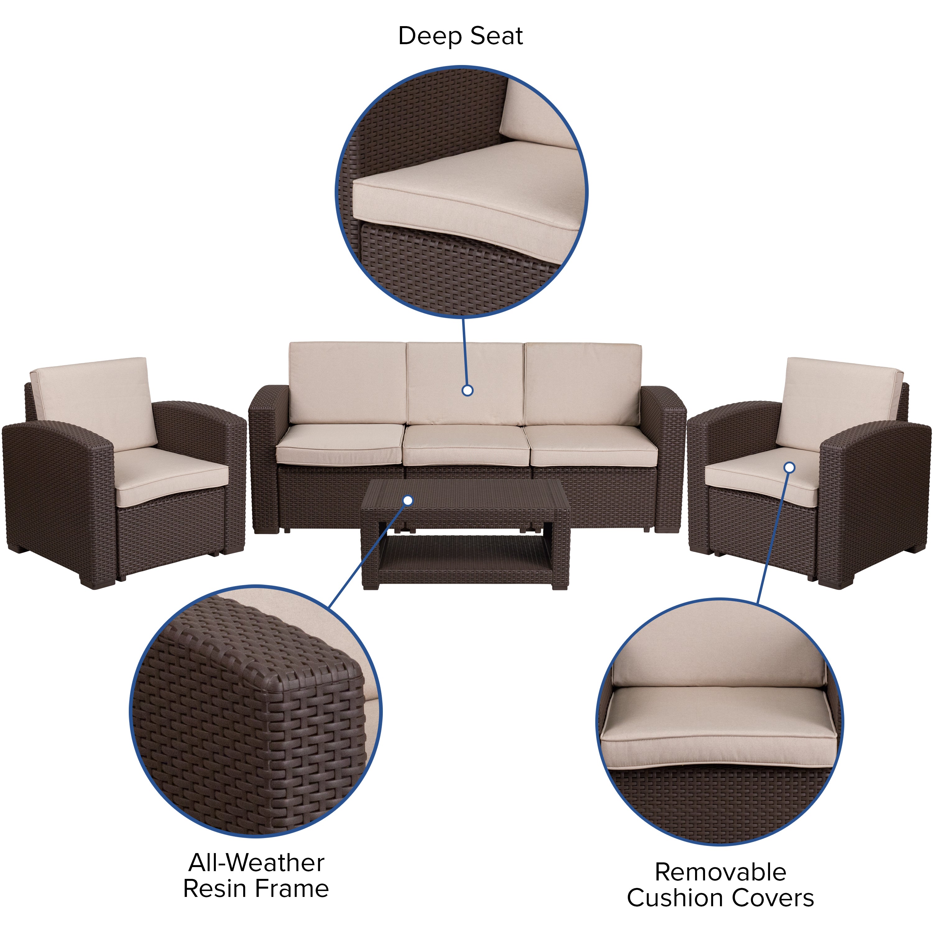 Seneca 4 Piece Outdoor Faux Rattan Chair, Sofa and Table Set in Seneca Chocolate Brown