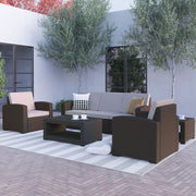Seneca 5 Piece Outdoor Faux Rattan Chair, Sofa and Table Set in Seneca Chocolate Brown