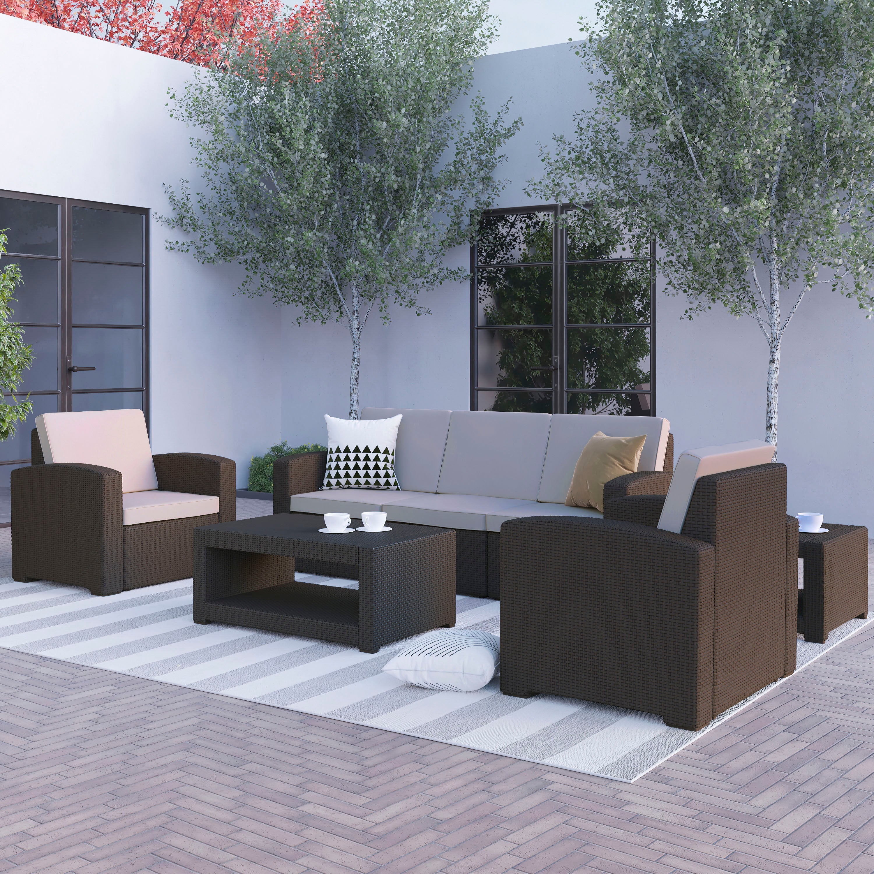 Seneca 5 Piece Outdoor Faux Rattan Chair, Sofa and Table Set in Seneca Chocolate Brown