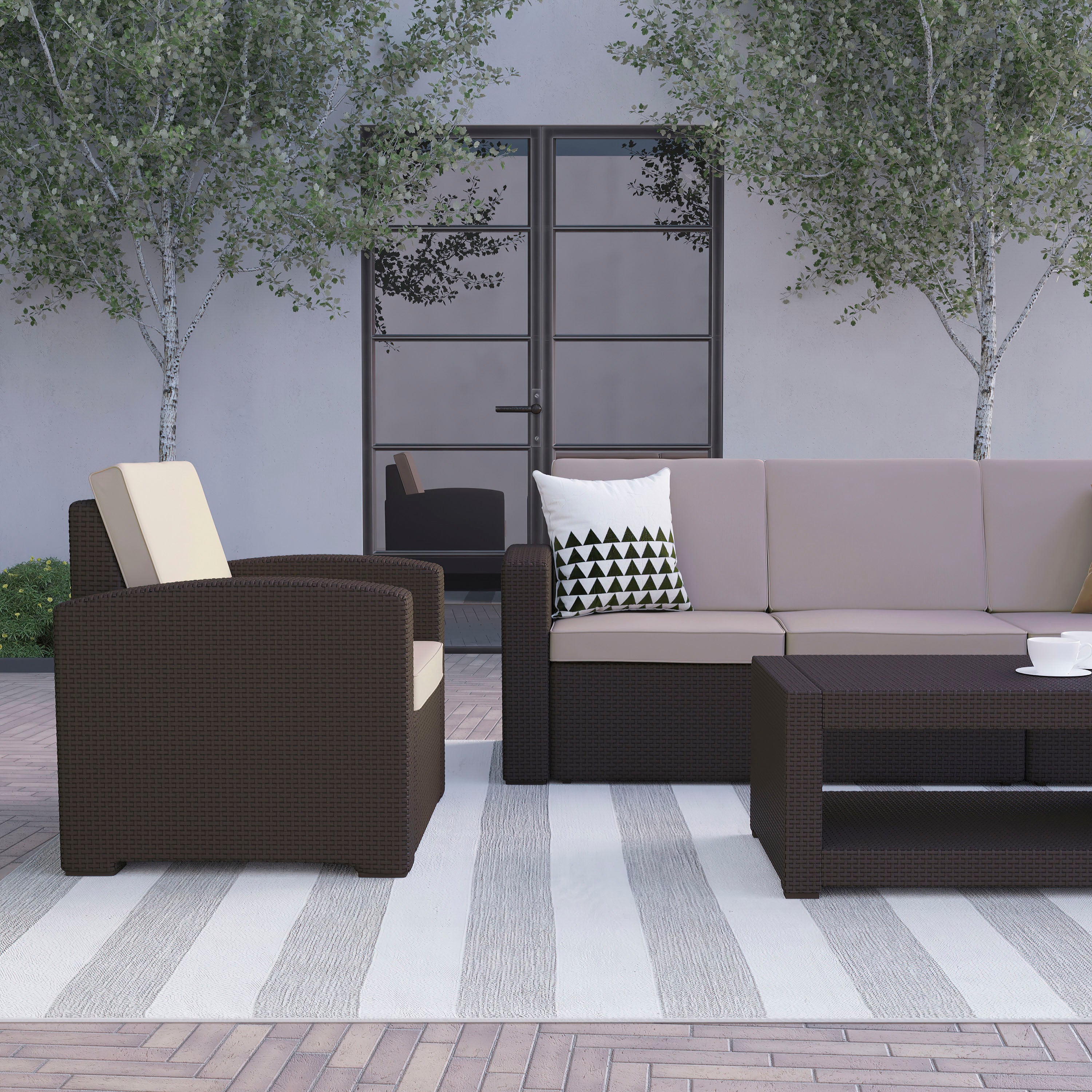Seneca 5 Piece Outdoor Faux Rattan Chair, Sofa and Table Set in Seneca Chocolate Brown