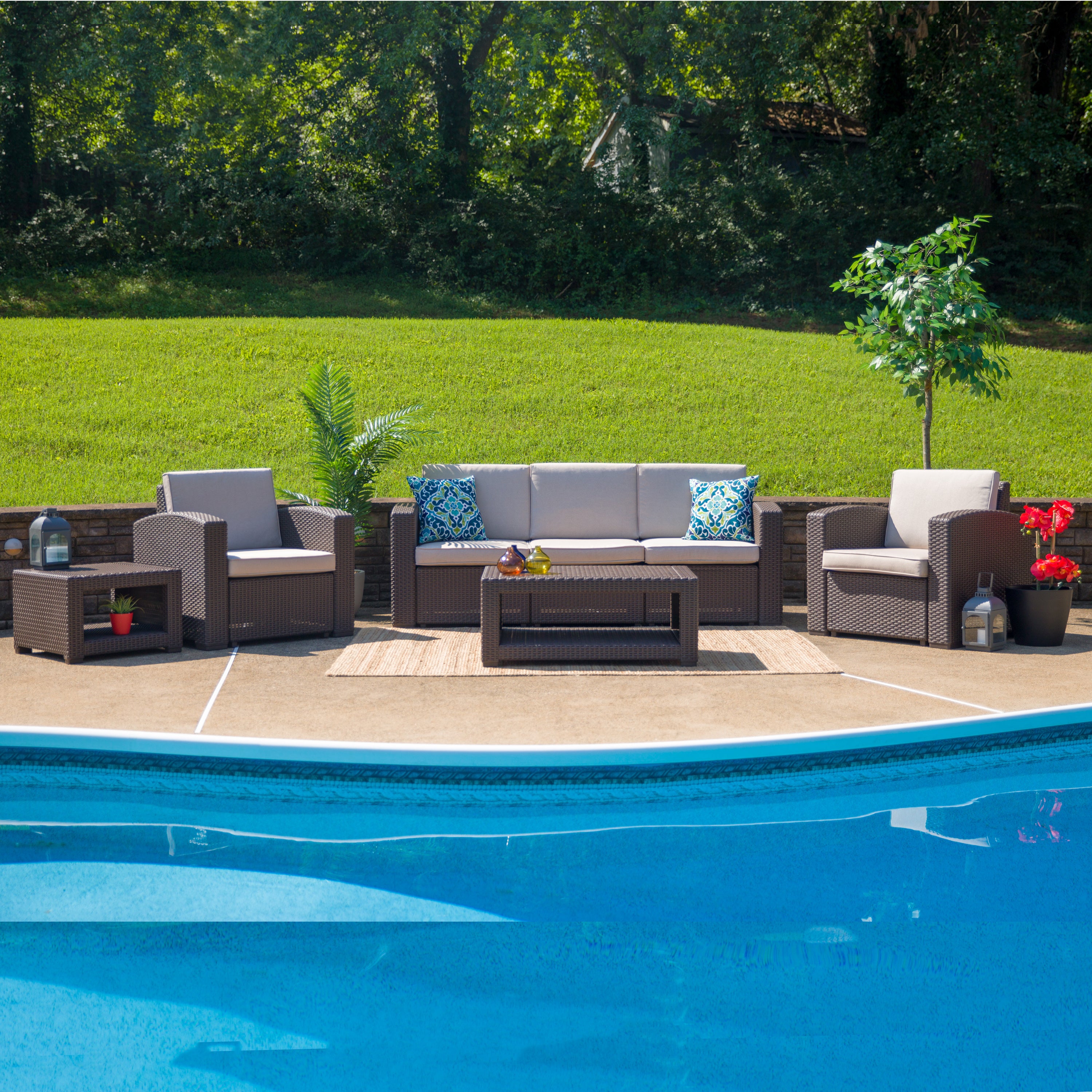 Seneca 5 Piece Outdoor Faux Rattan Chair, Sofa and Table Set in Seneca Chocolate Brown