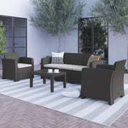 Seneca 4 Piece Outdoor Faux Rattan Chair, Sofa and Table Set in Seneca Dark Gray