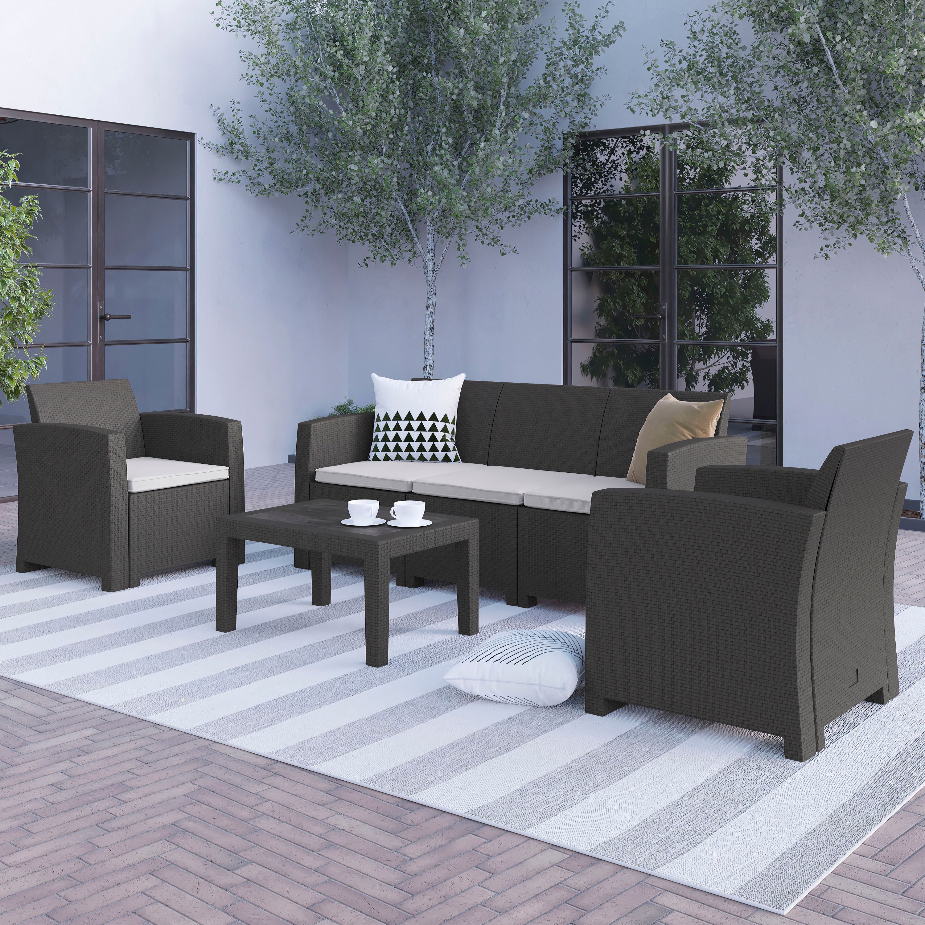 Seneca 4 Piece Outdoor Faux Rattan Chair, Sofa and Table Set in Seneca Dark Gray