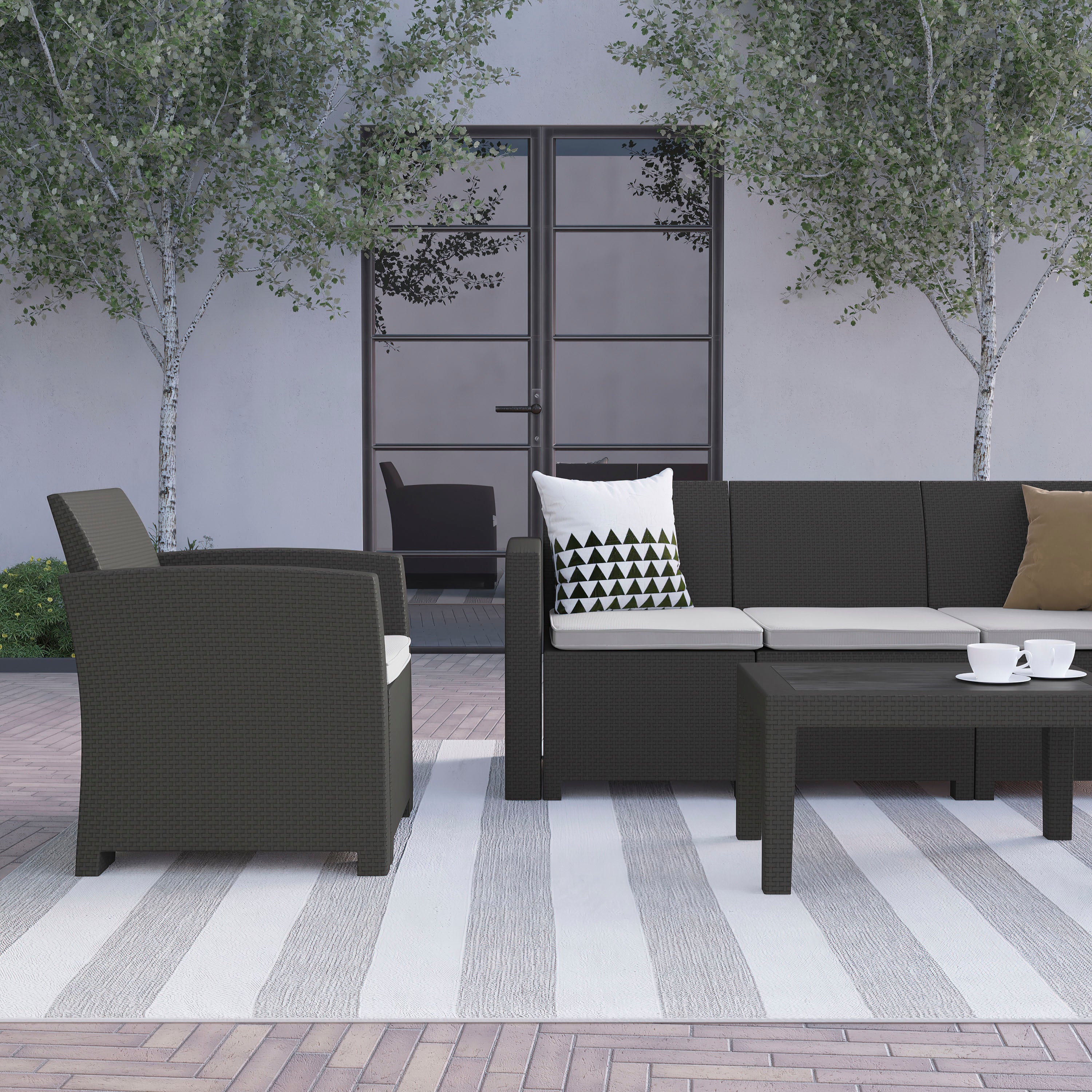 Seneca 4 Piece Outdoor Faux Rattan Chair, Sofa and Table Set in Seneca Dark Gray