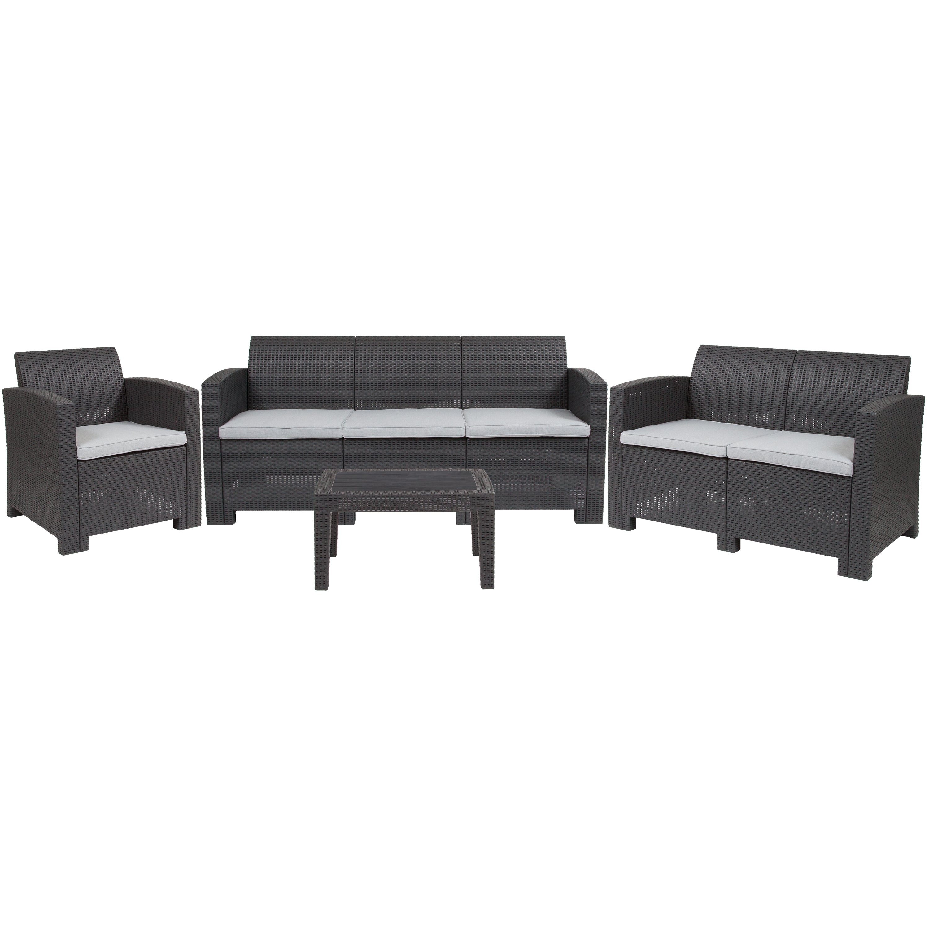 Seneca 4 Piece Outdoor Faux Rattan Chair, Loveseat, Sofa and Table Set in Seneca Dark Gray