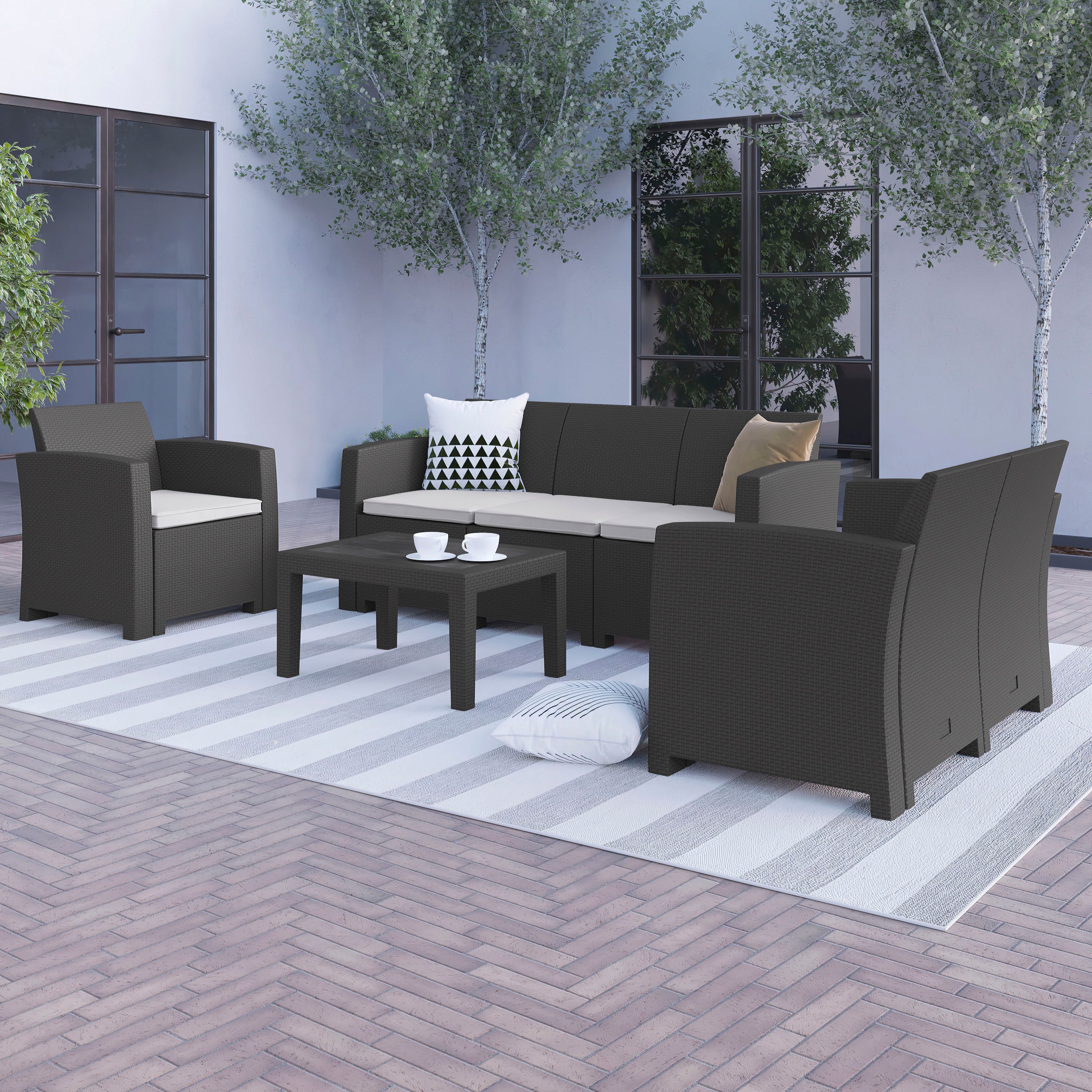 Seneca 4 Piece Outdoor Faux Rattan Chair, Loveseat, Sofa and Table Set in Seneca Dark Gray