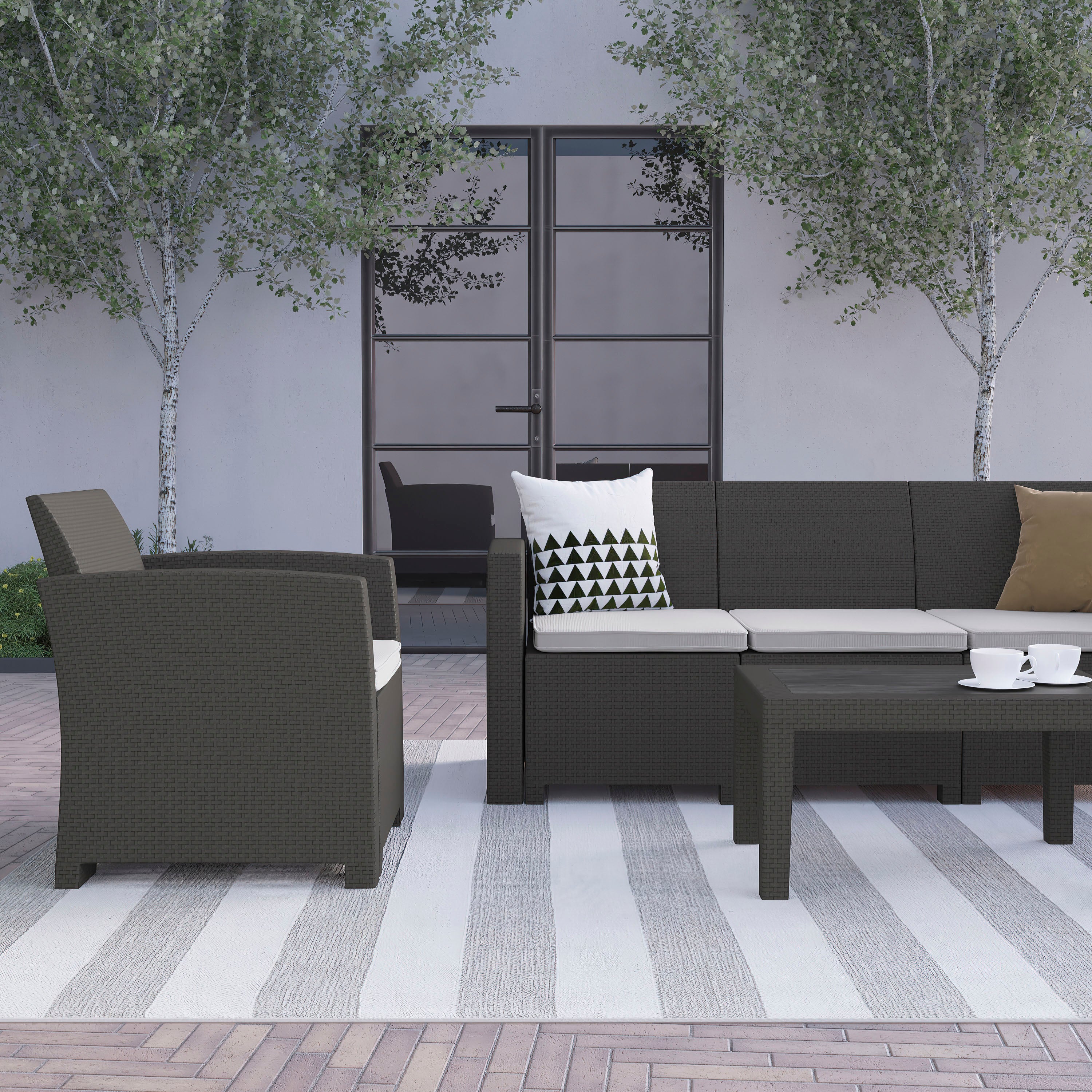 Seneca 4 Piece Outdoor Faux Rattan Chair, Loveseat, Sofa and Table Set in Seneca Dark Gray