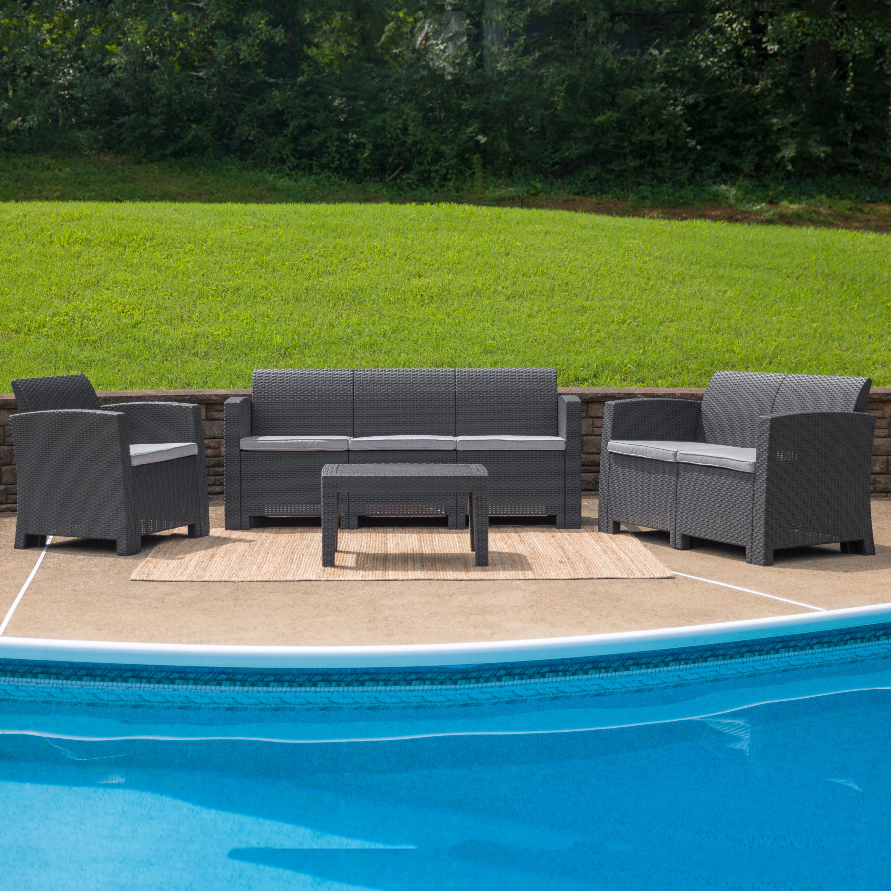 Seneca 4 Piece Outdoor Faux Rattan Chair, Loveseat, Sofa and Table Set in Seneca Dark Gray