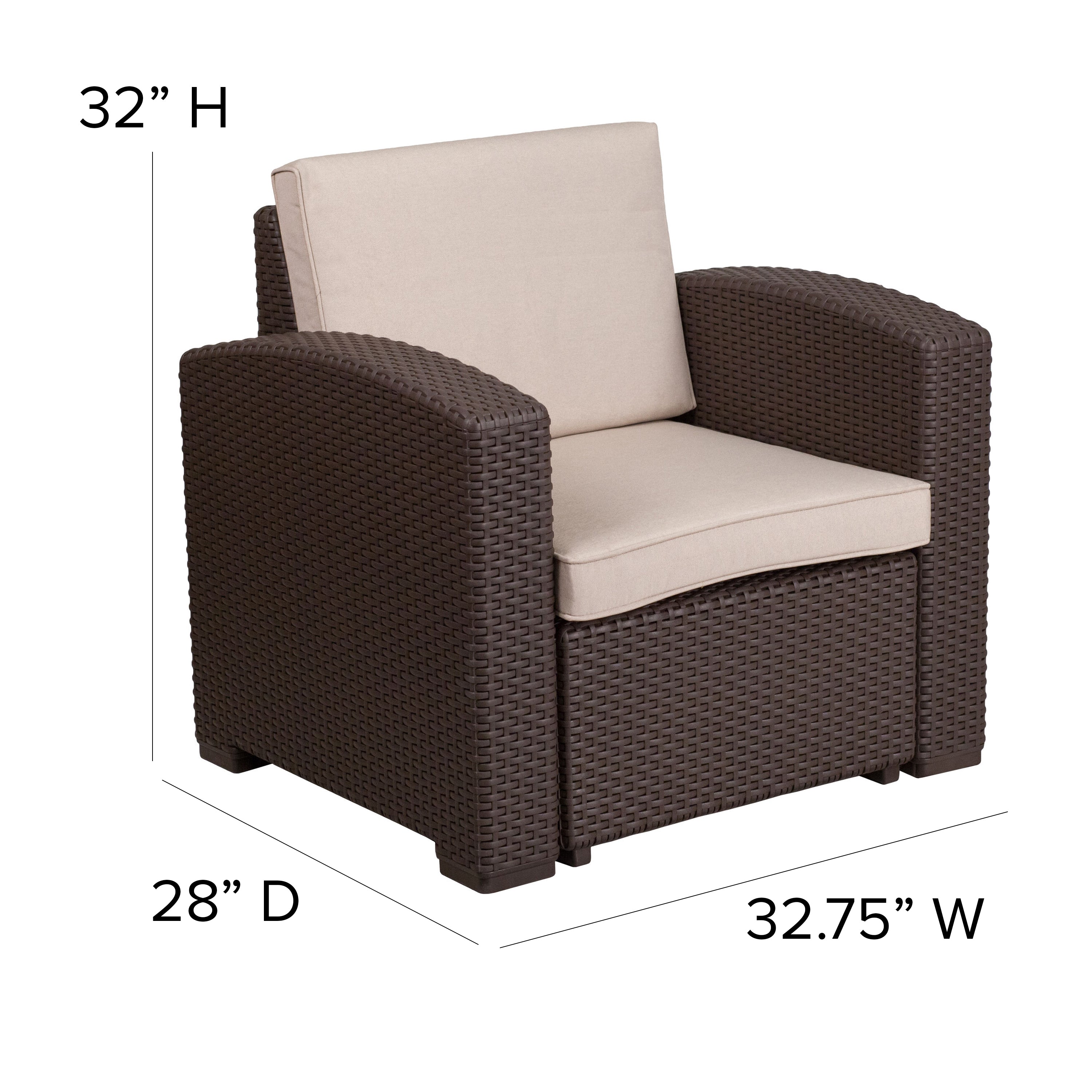 Seneca Chocolate Brown Faux Rattan Chair with All-Weather Beige Cushion