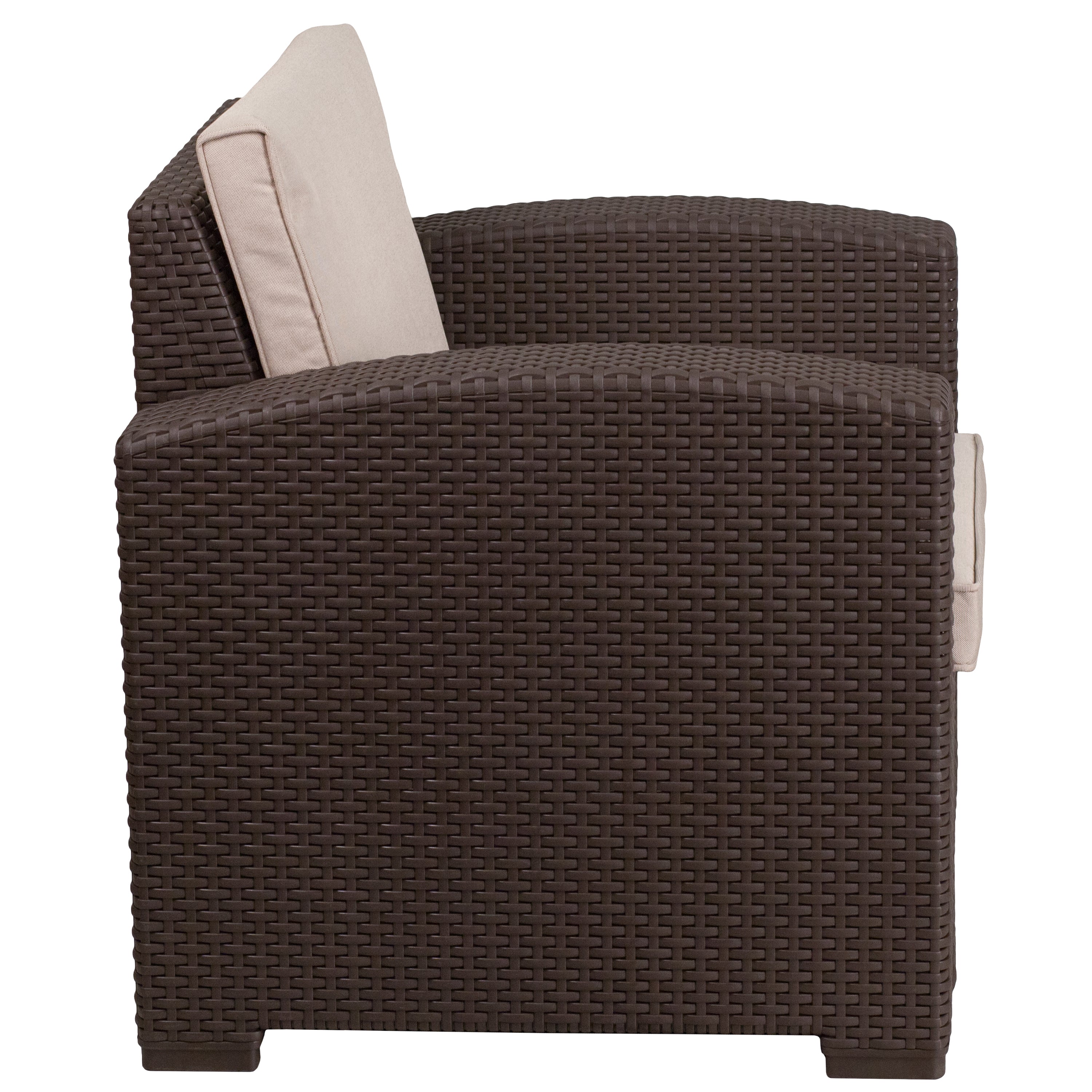 Seneca Chocolate Brown Faux Rattan Chair with All-Weather Beige Cushion