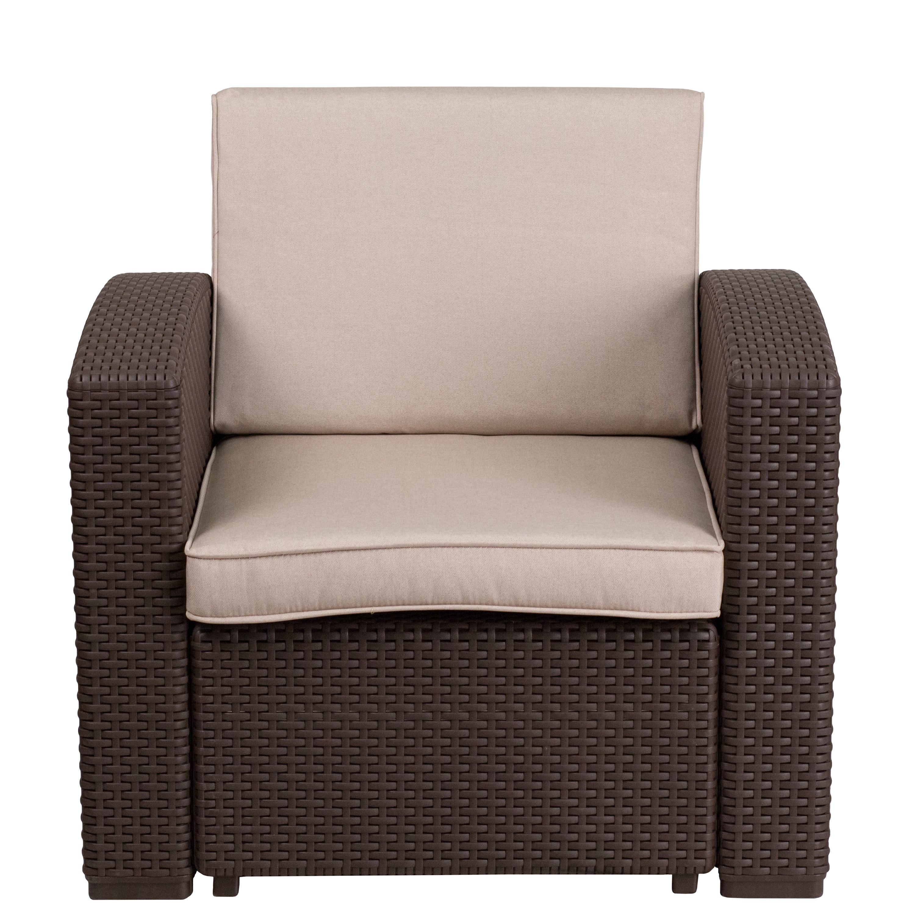 Seneca Chocolate Brown Faux Rattan Chair with All-Weather Beige Cushion