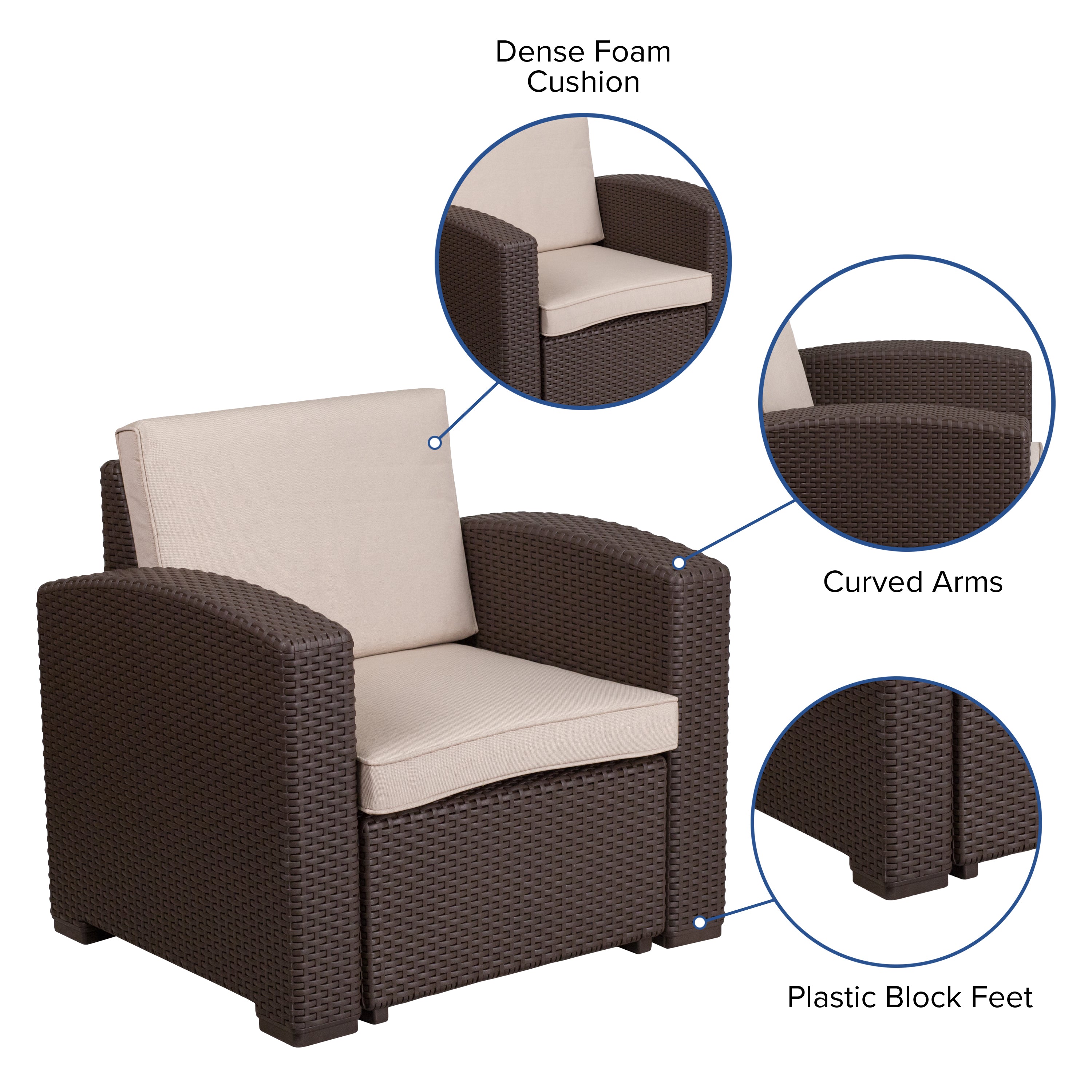Seneca Chocolate Brown Faux Rattan Chair with All-Weather Beige Cushion