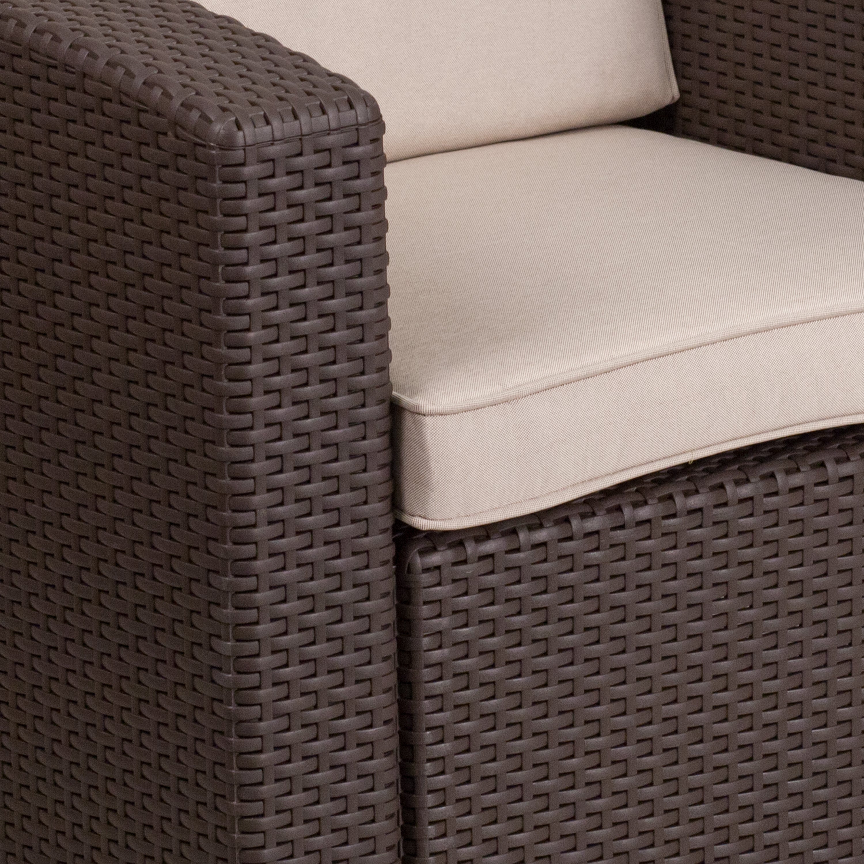 Seneca Chocolate Brown Faux Rattan Chair with All-Weather Beige Cushion