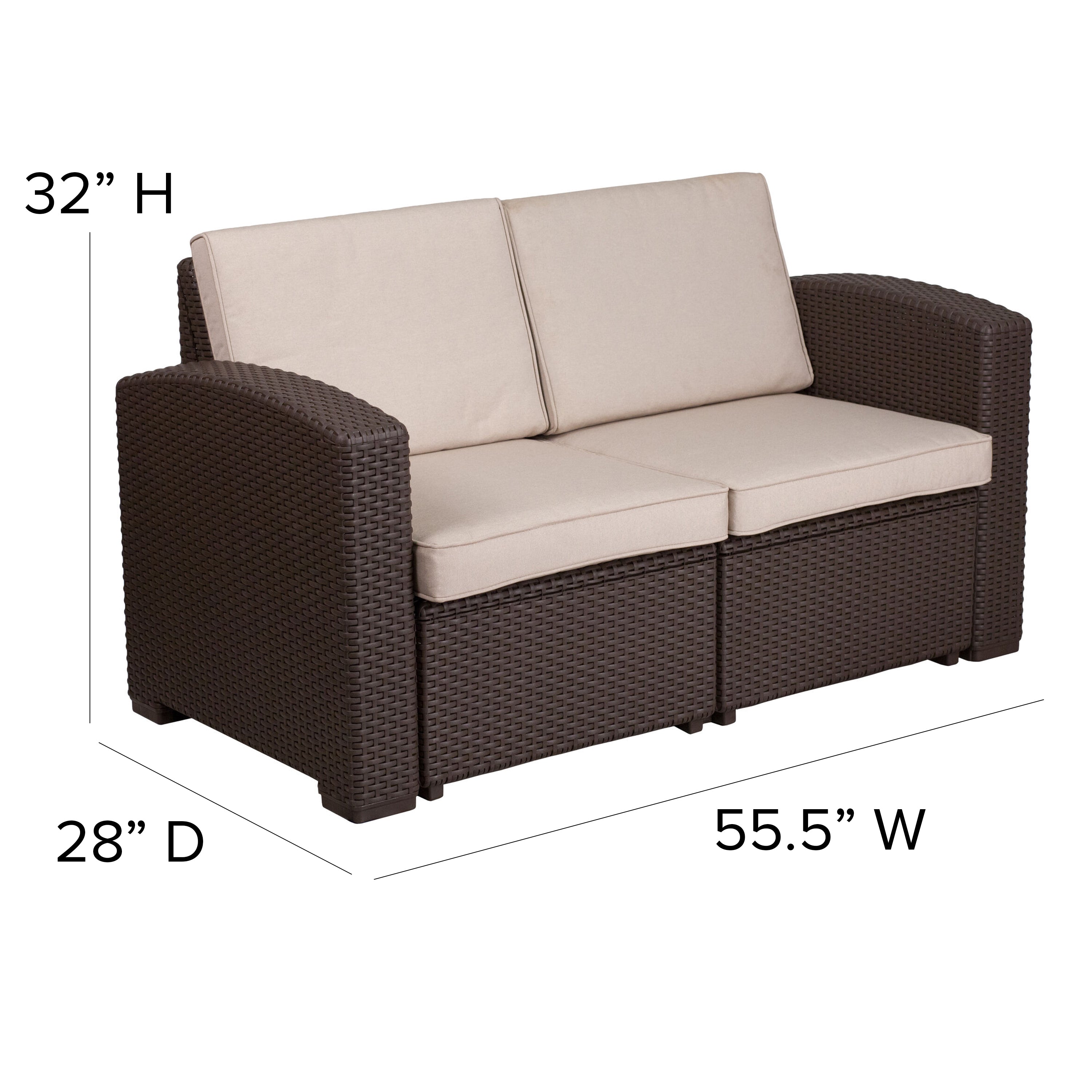 Seneca Chocolate Brown Faux Rattan Loveseat with All-Weather Beige Cushions