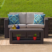 Seneca Chocolate Brown Faux Rattan Loveseat with All-Weather Beige Cushions