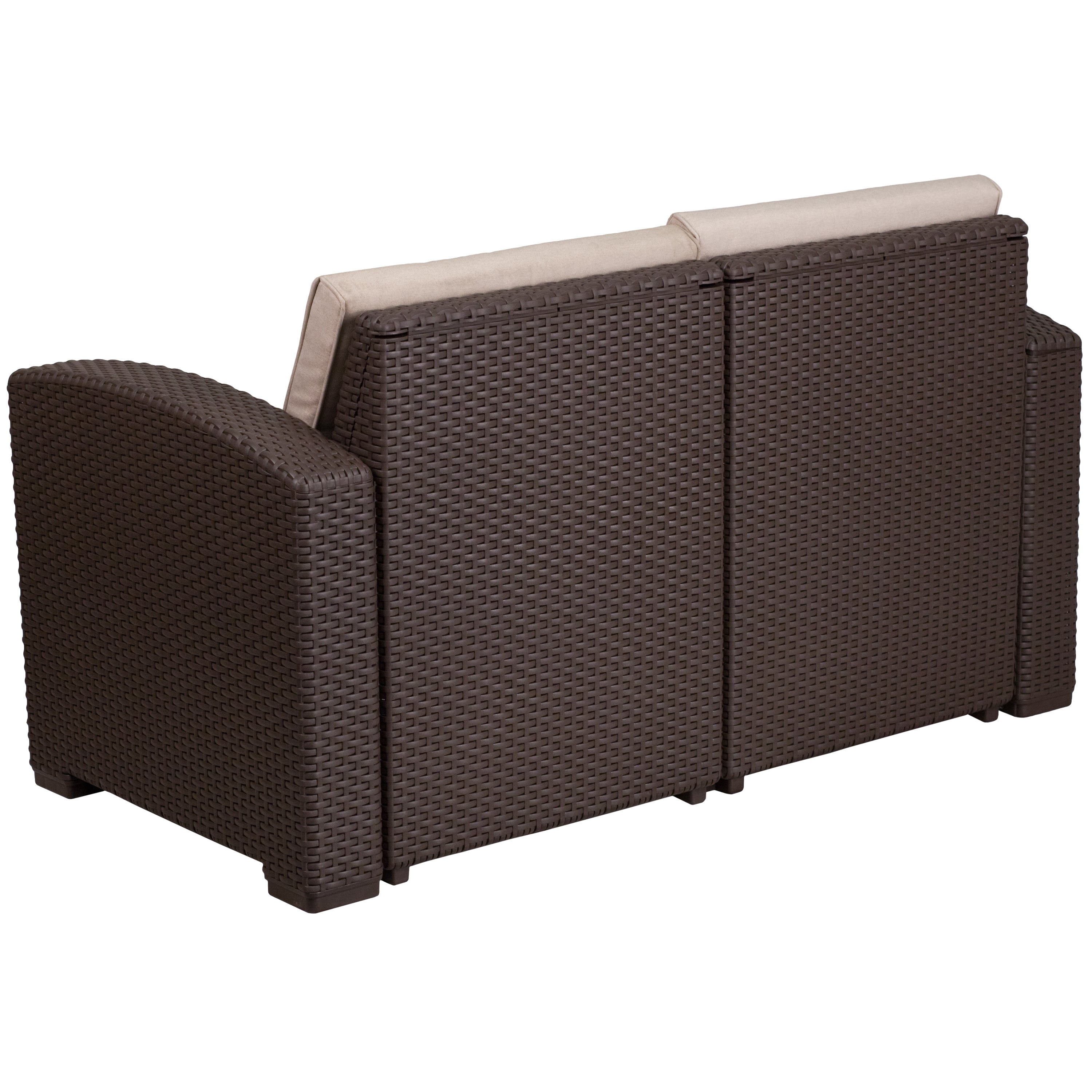 Seneca Chocolate Brown Faux Rattan Loveseat with All-Weather Beige Cushions