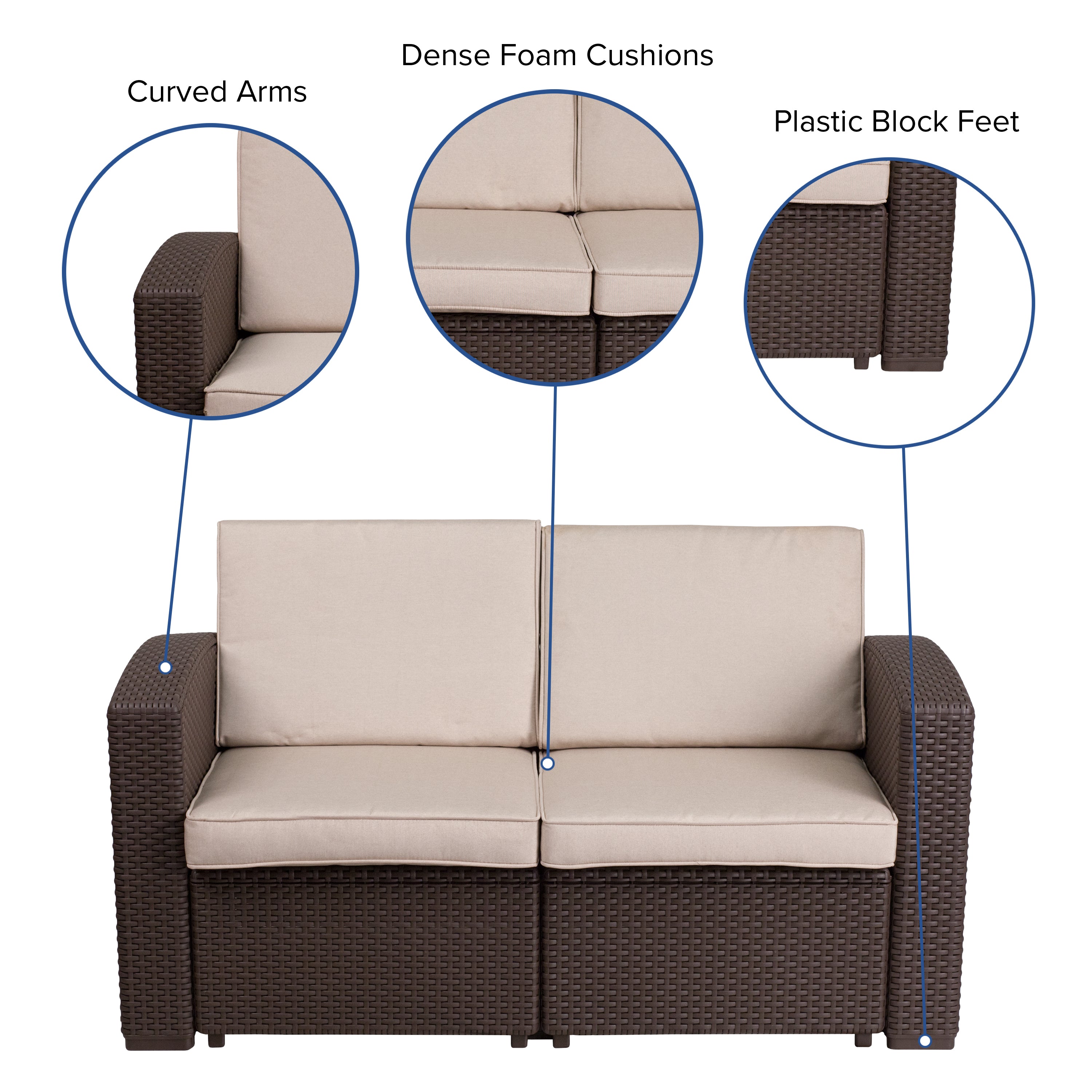 Seneca Chocolate Brown Faux Rattan Loveseat with All-Weather Beige Cushions