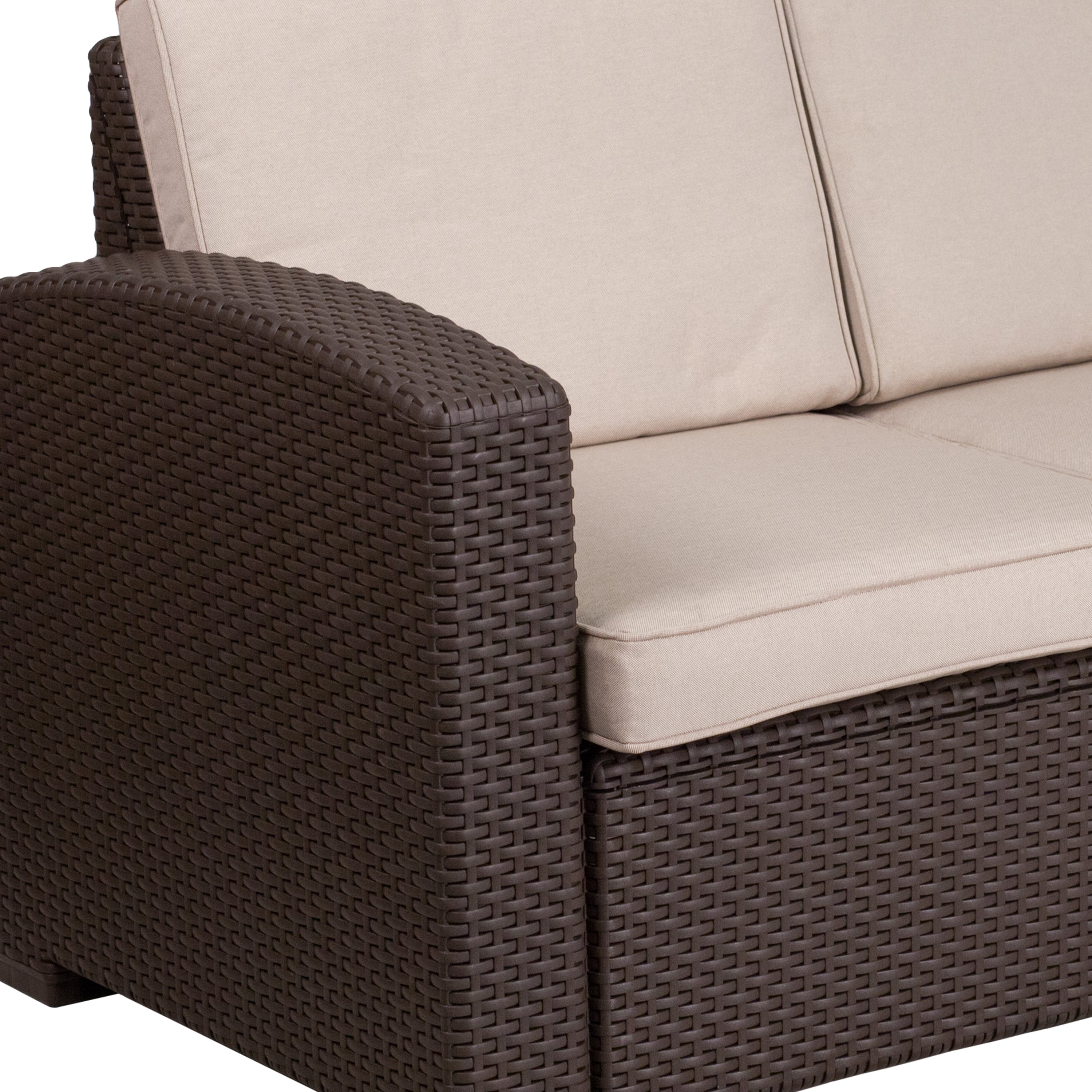Seneca Chocolate Brown Faux Rattan Loveseat with All-Weather Beige Cushions