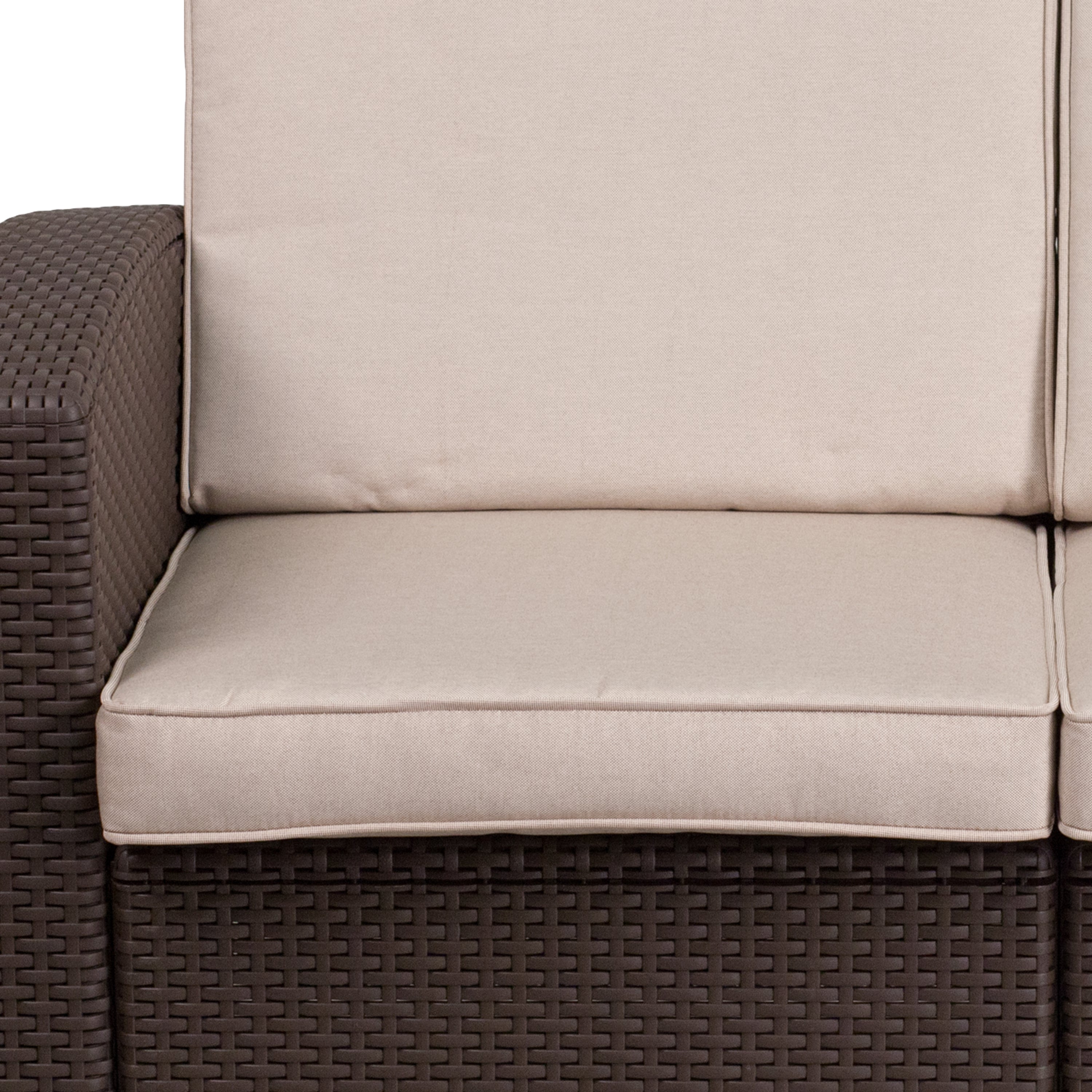 Seneca Chocolate Brown Faux Rattan Loveseat with All-Weather Beige Cushions