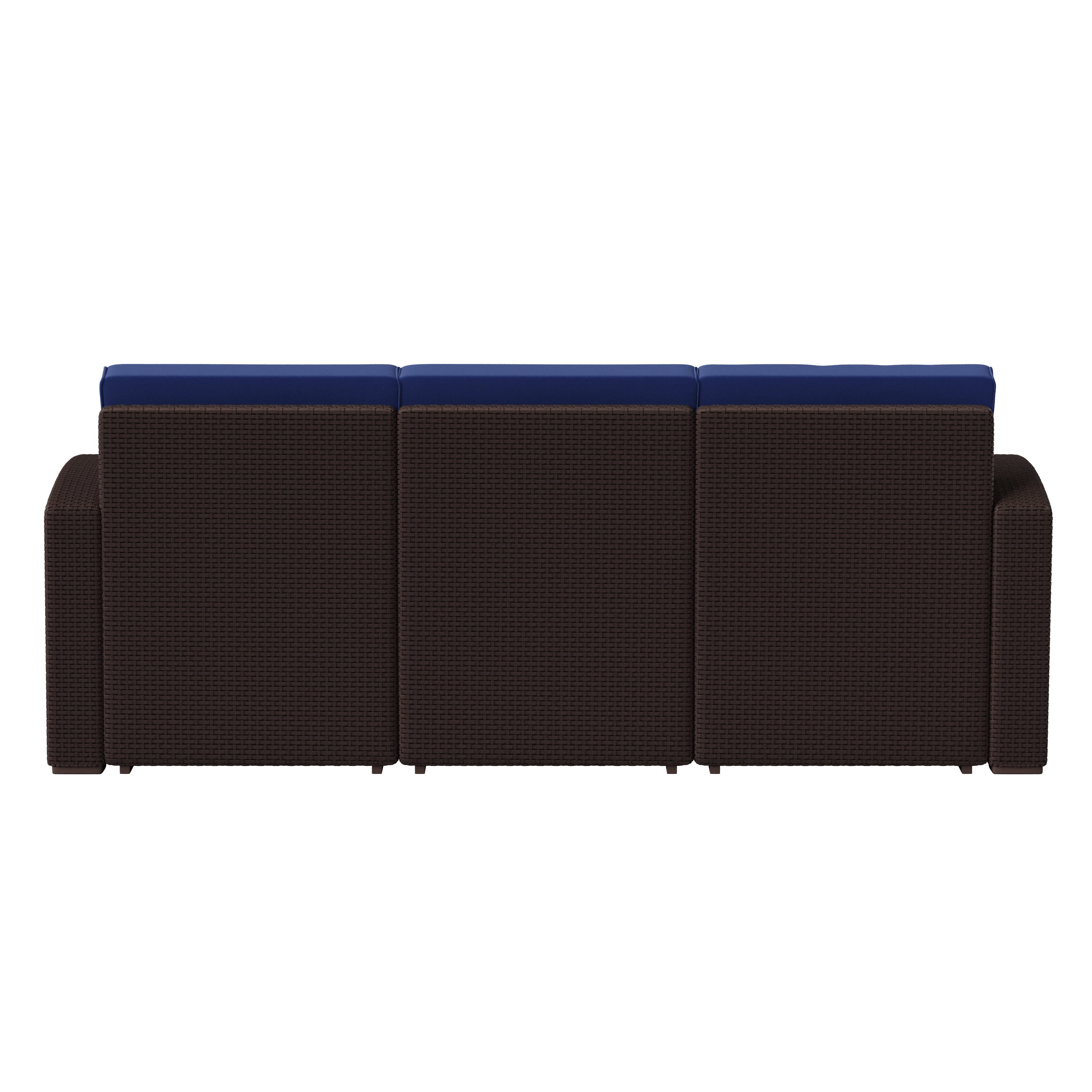 Seneca Brown Faux Rattan Sofa with All-Weather Navy Cushions