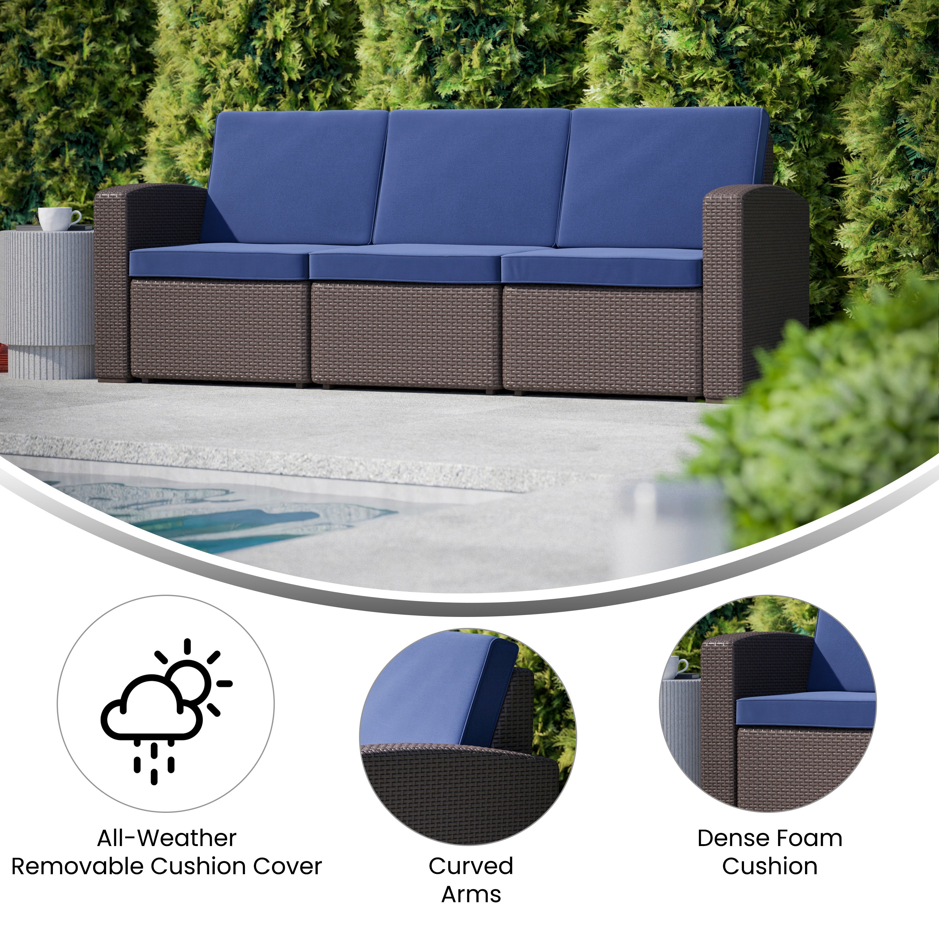 Seneca Brown Faux Rattan Sofa with All-Weather Navy Cushions