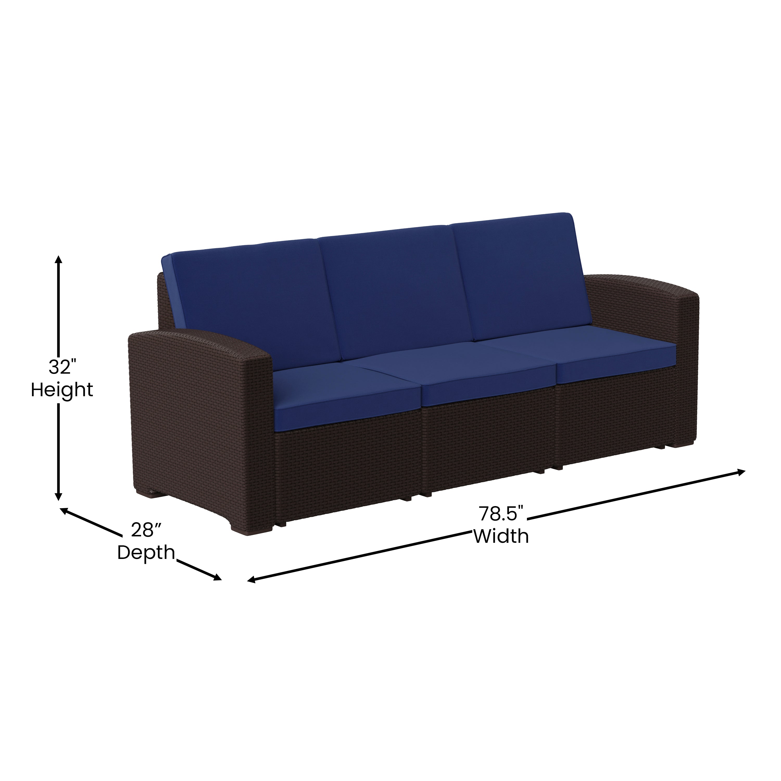 Seneca Brown Faux Rattan Sofa with All-Weather Navy Cushions