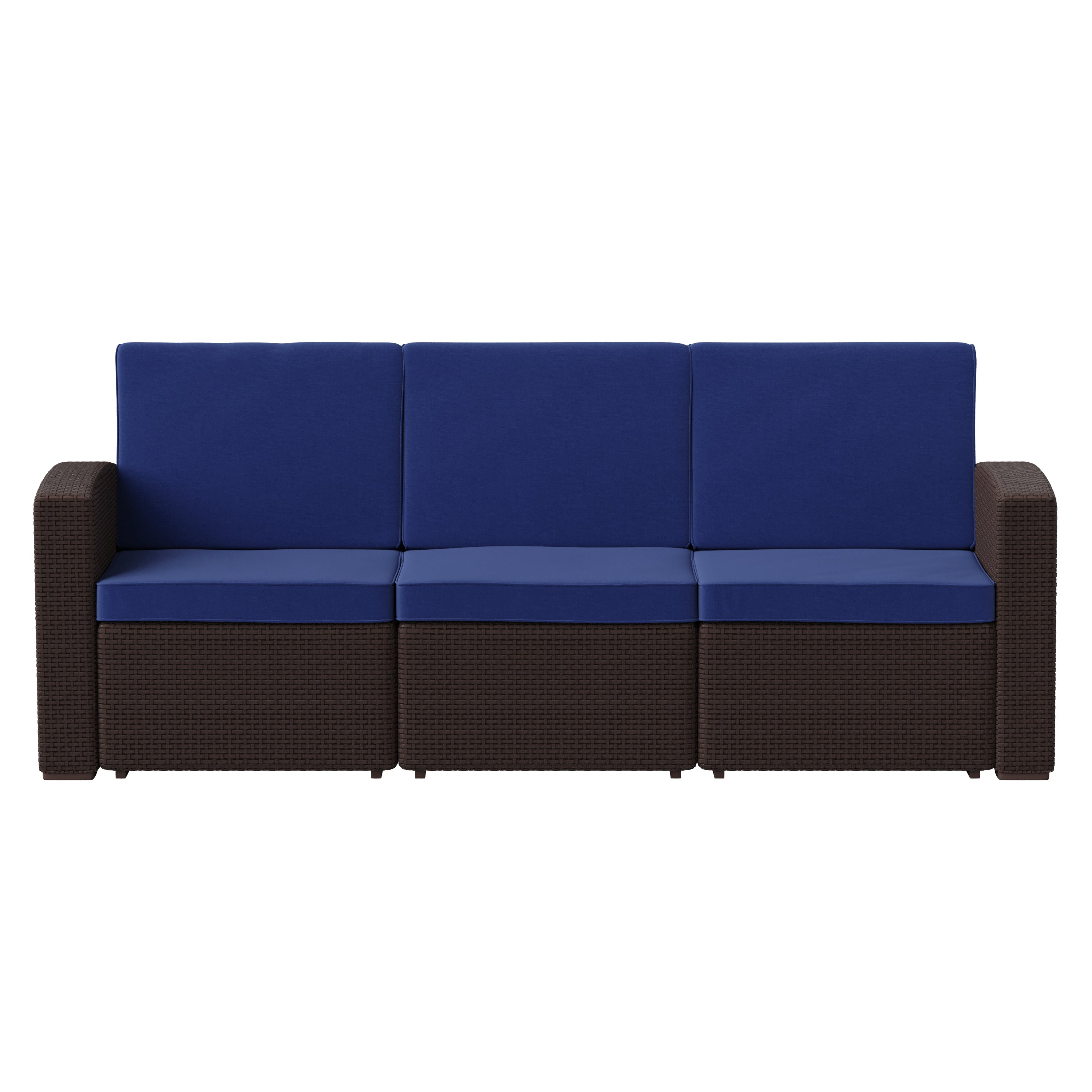 Seneca Brown Faux Rattan Sofa with All-Weather Navy Cushions