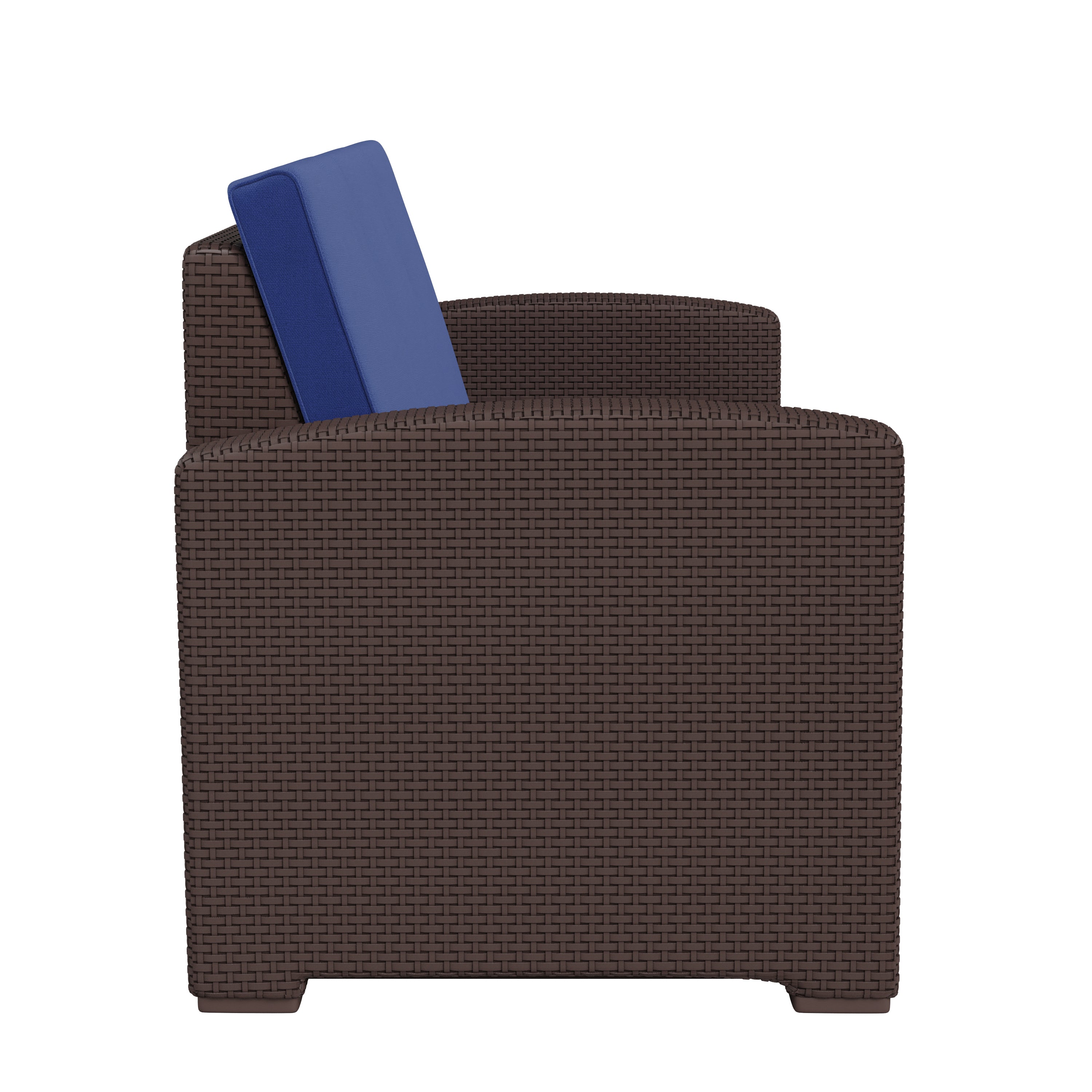Seneca Brown Faux Rattan Sofa with All-Weather Navy Cushions