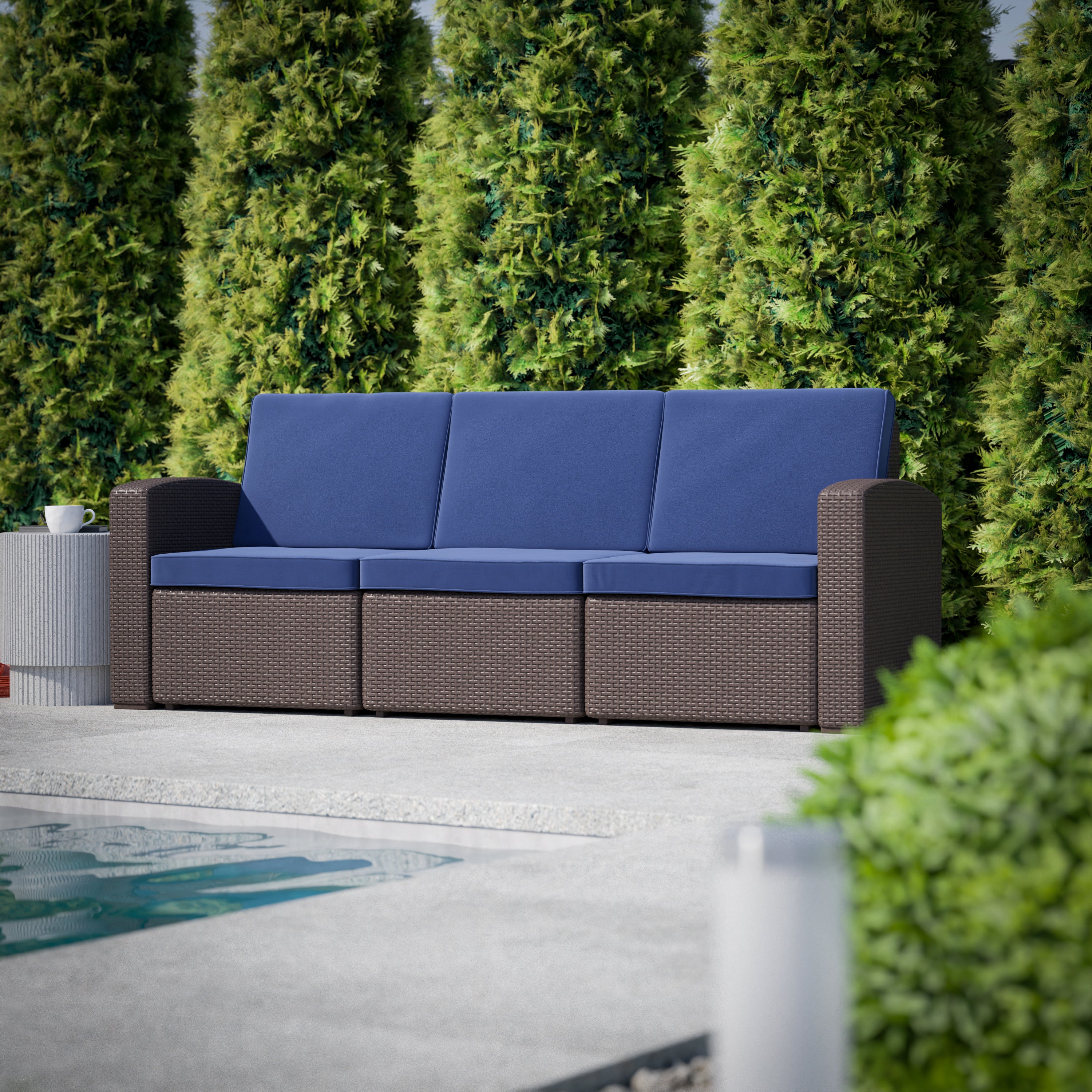 Seneca Brown Faux Rattan Sofa with All-Weather Navy Cushions