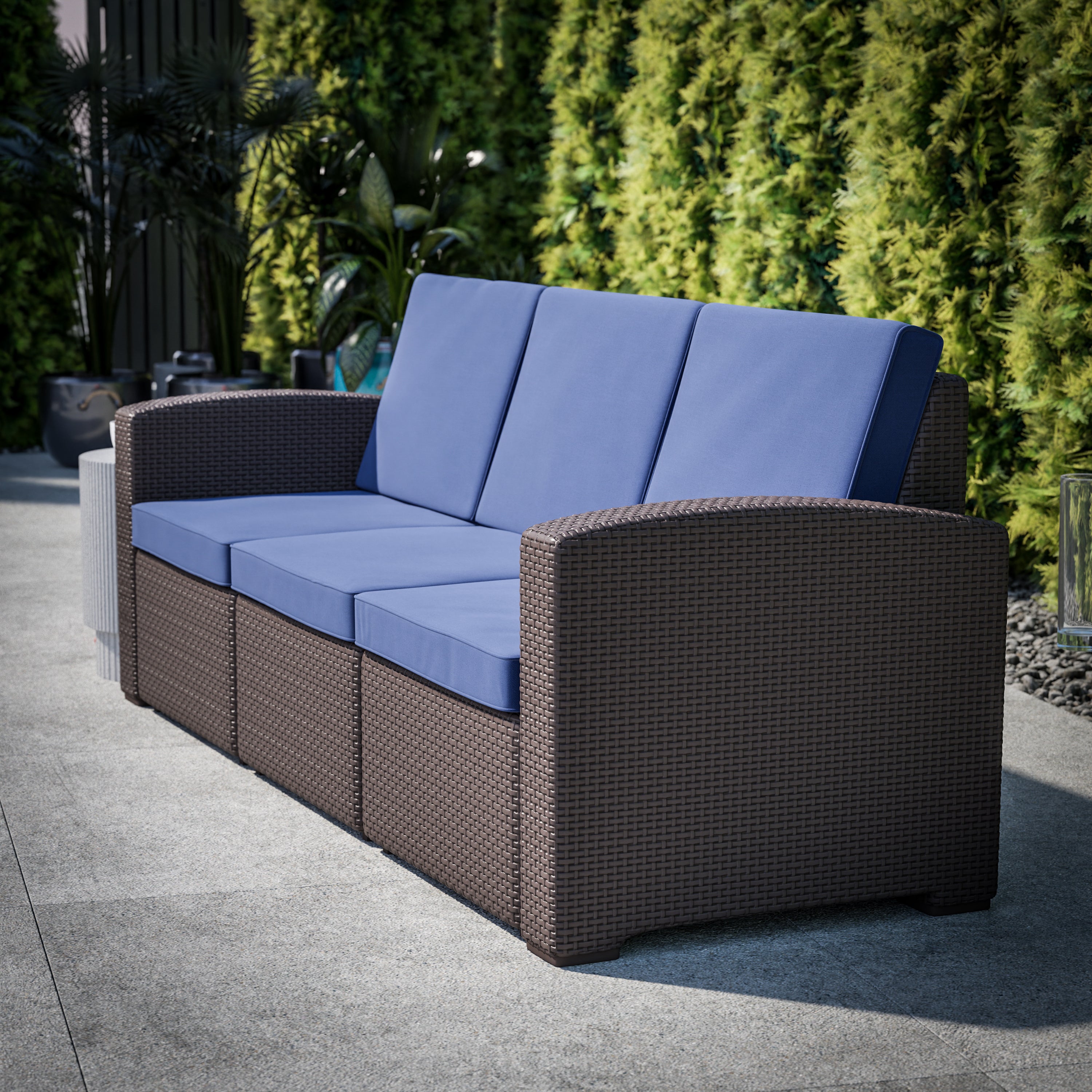 Seneca Brown Faux Rattan Sofa with All-Weather Navy Cushions