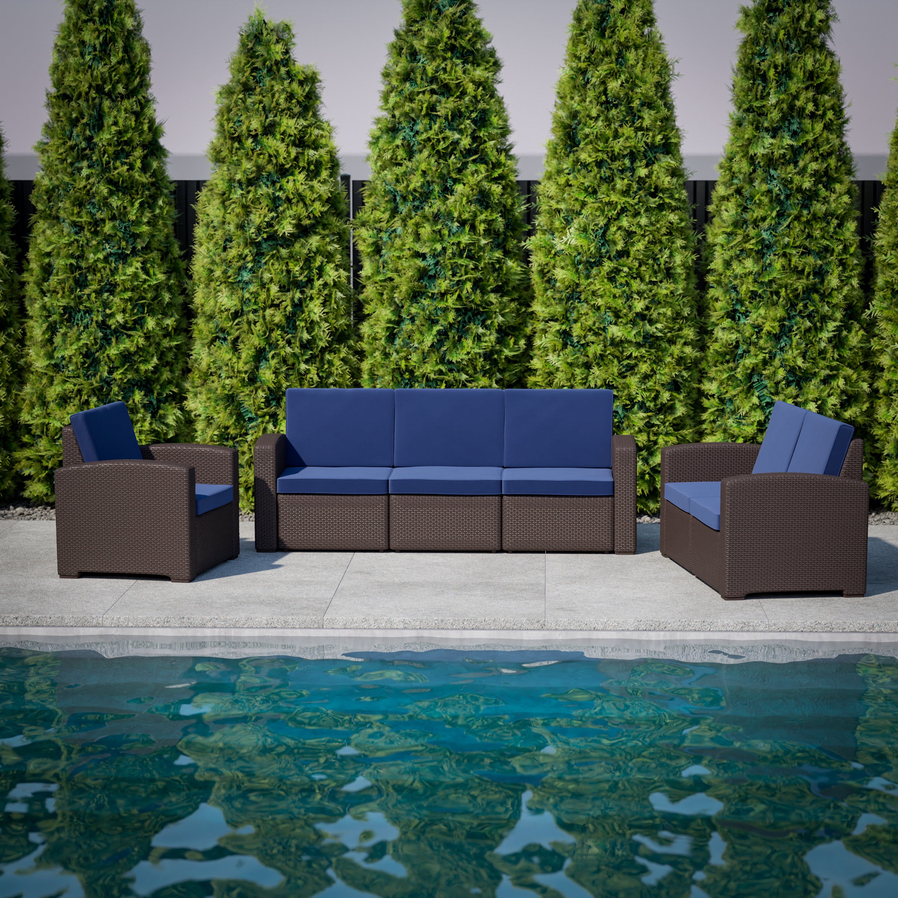 Seneca Brown Faux Rattan Sofa with All-Weather Navy Cushions