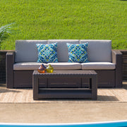 Seneca Chocolate Brown Faux Rattan Sofa with All-Weather Beige Cushions