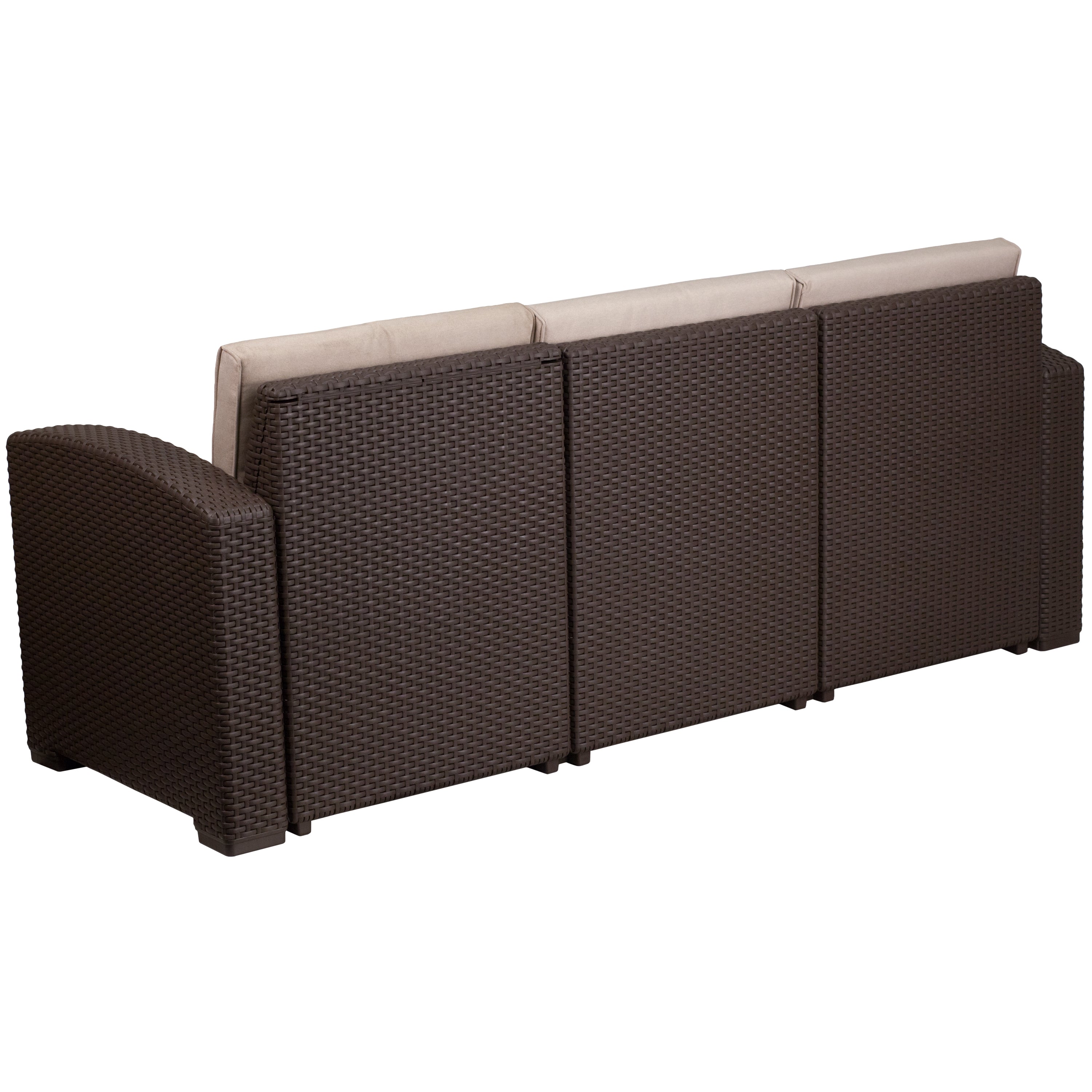 Seneca Chocolate Brown Faux Rattan Sofa with All-Weather Beige Cushions