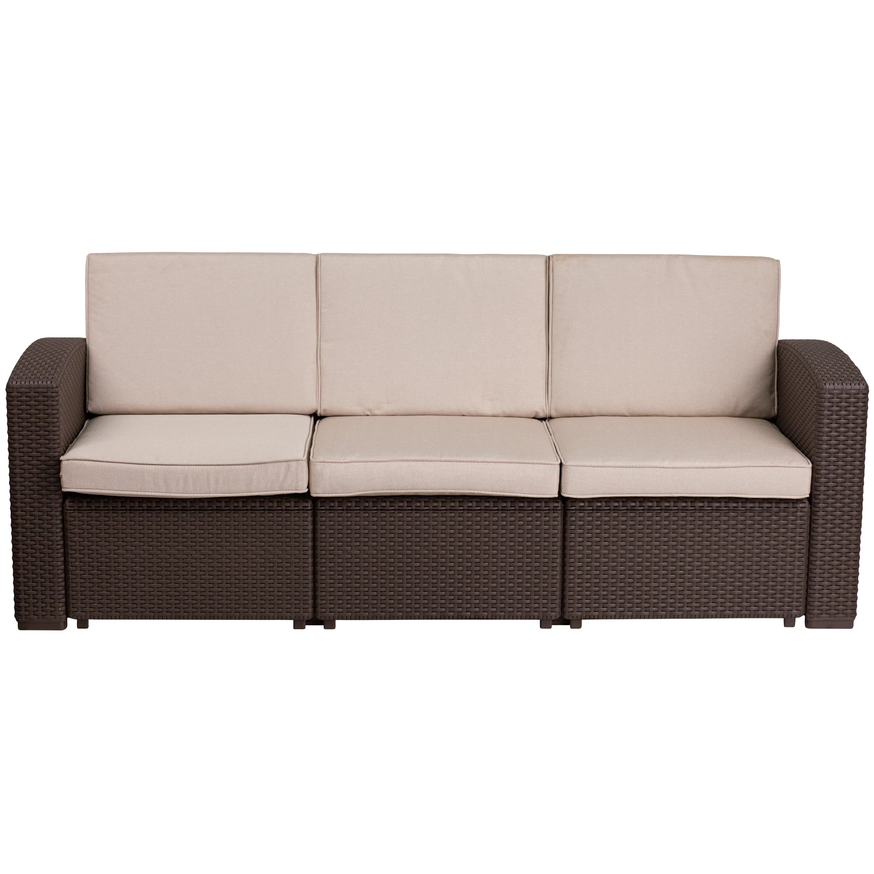 Seneca Chocolate Brown Faux Rattan Sofa with All-Weather Beige Cushions