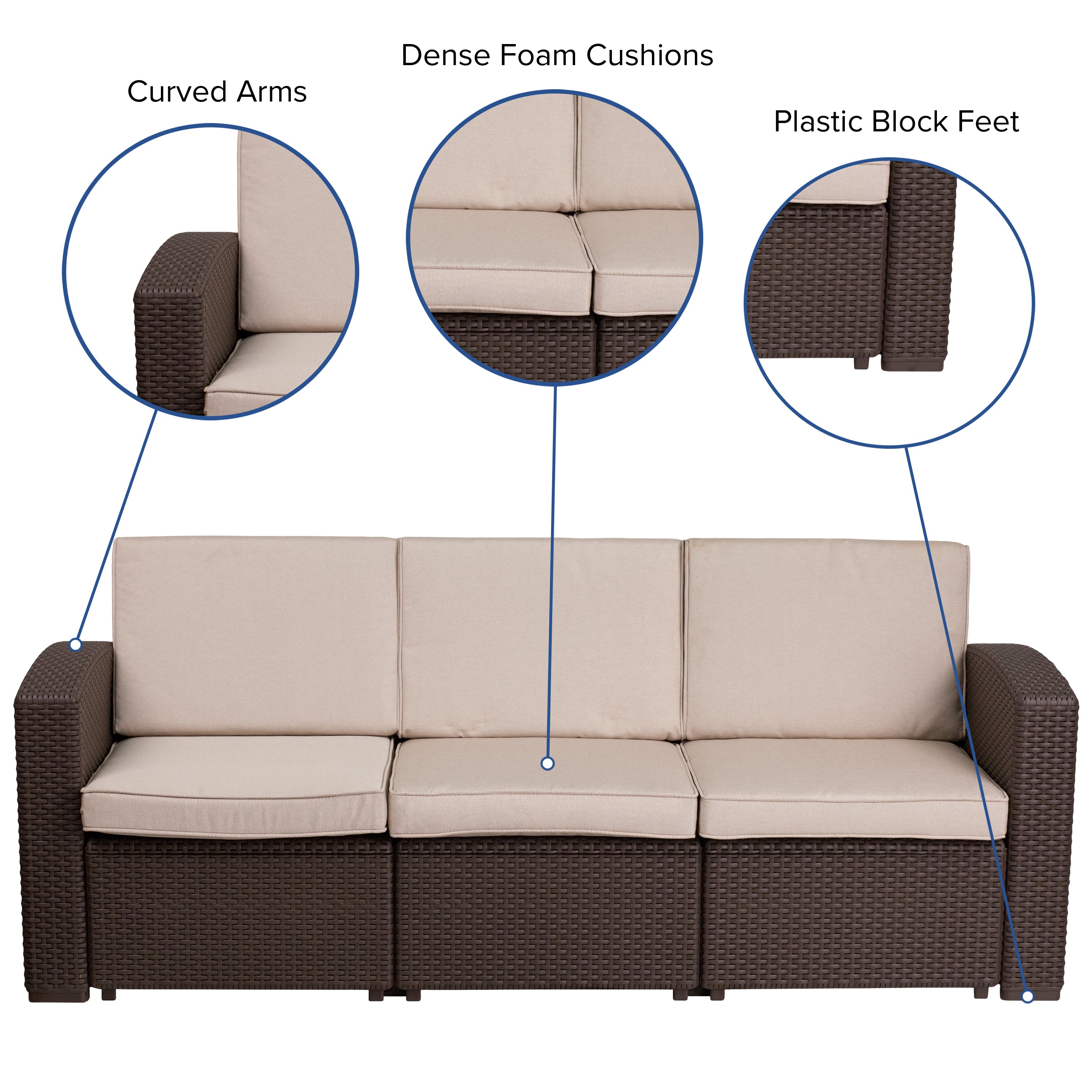 Seneca Chocolate Brown Faux Rattan Sofa with All-Weather Beige Cushions