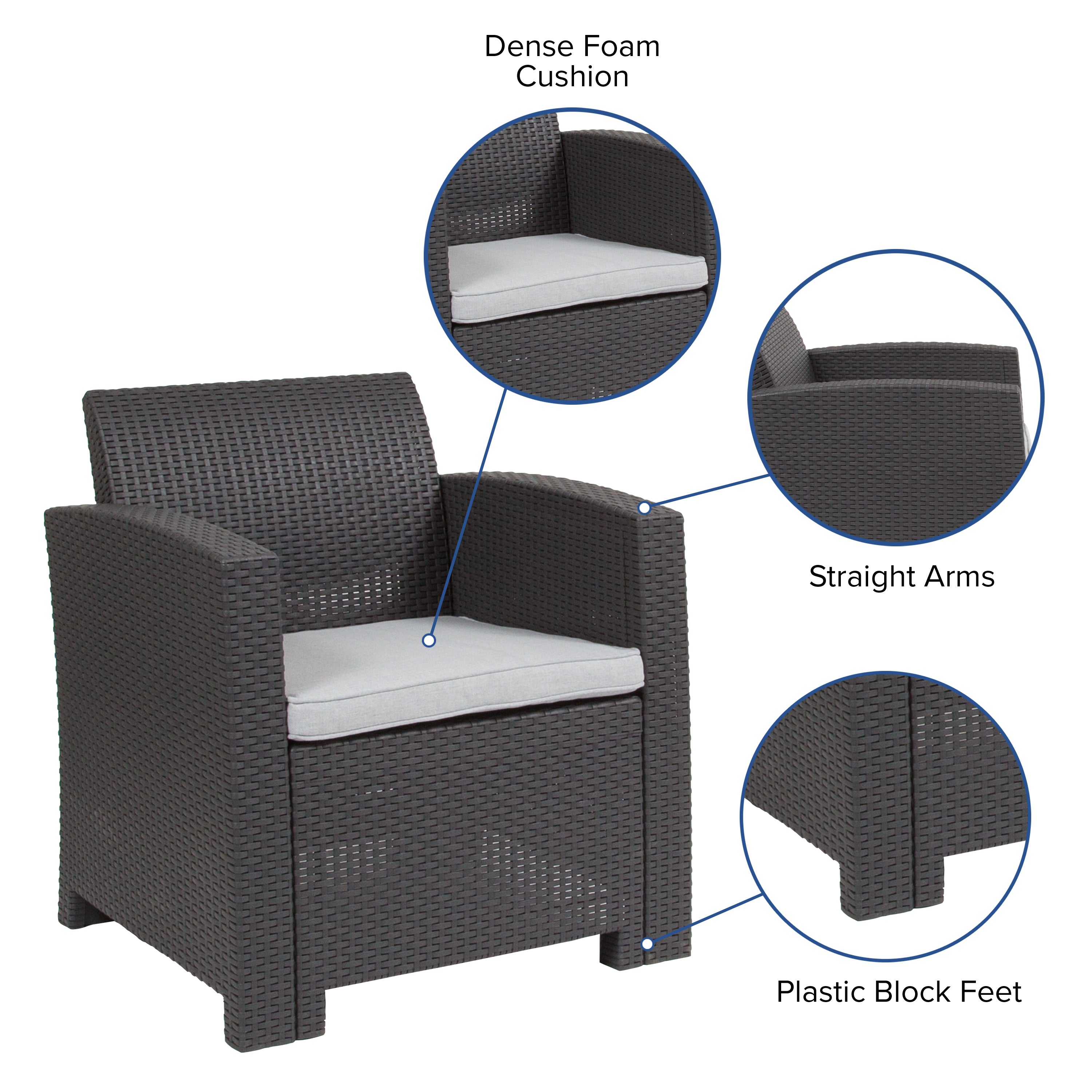 Seneca Dark Gray Faux Rattan Chair with All-Weather Seneca Light Gray Cushion