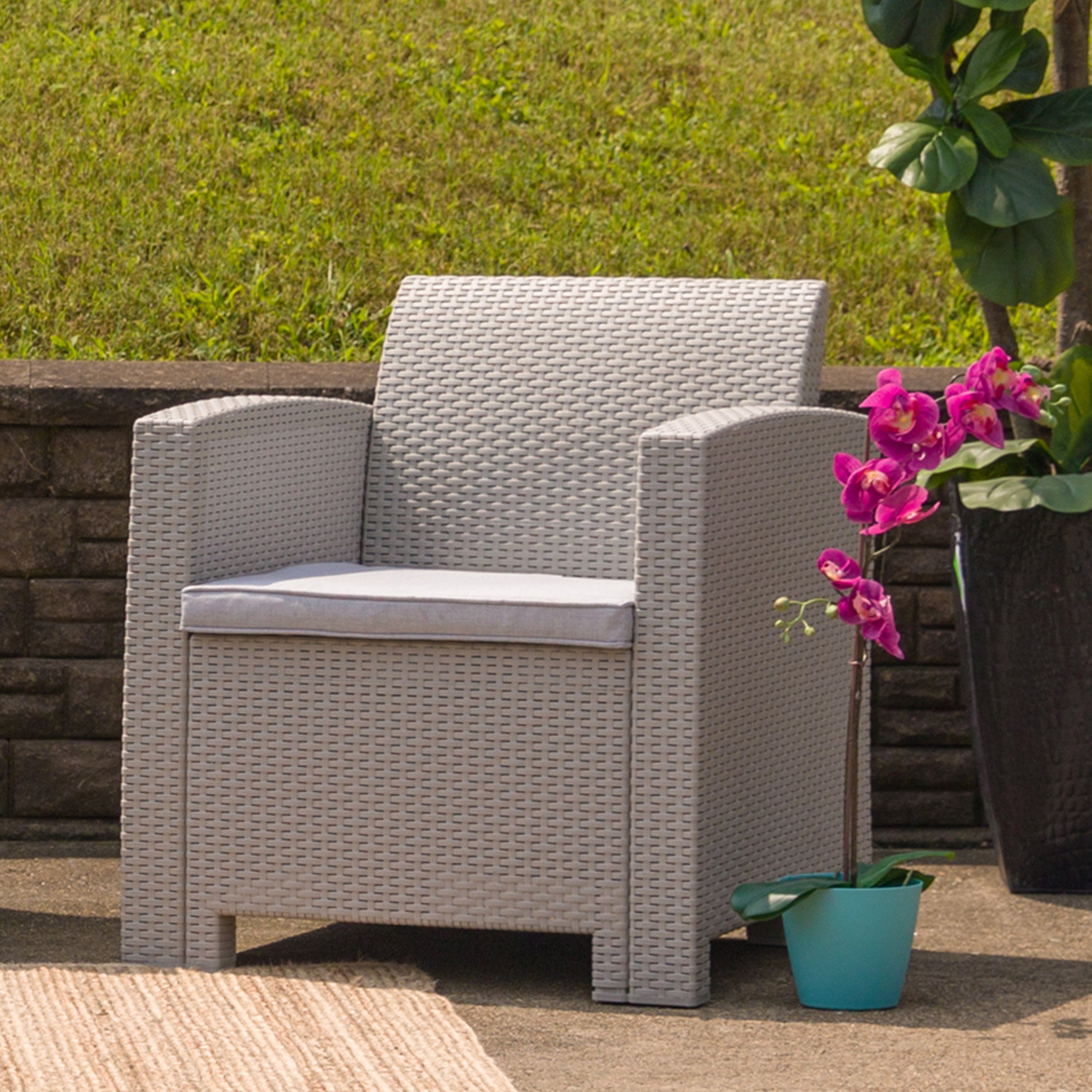 Seneca Light Gray Faux Rattan Chair with All-Weather Seneca Light Gray Cushion