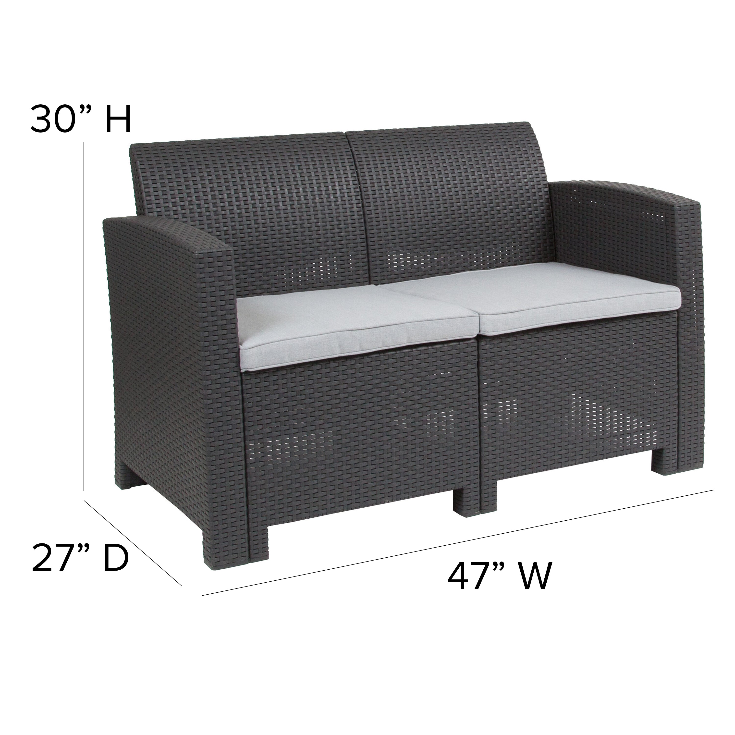 Seneca Dark Gray Faux Rattan Loveseat with All-Weather Seneca Light Gray Cushions