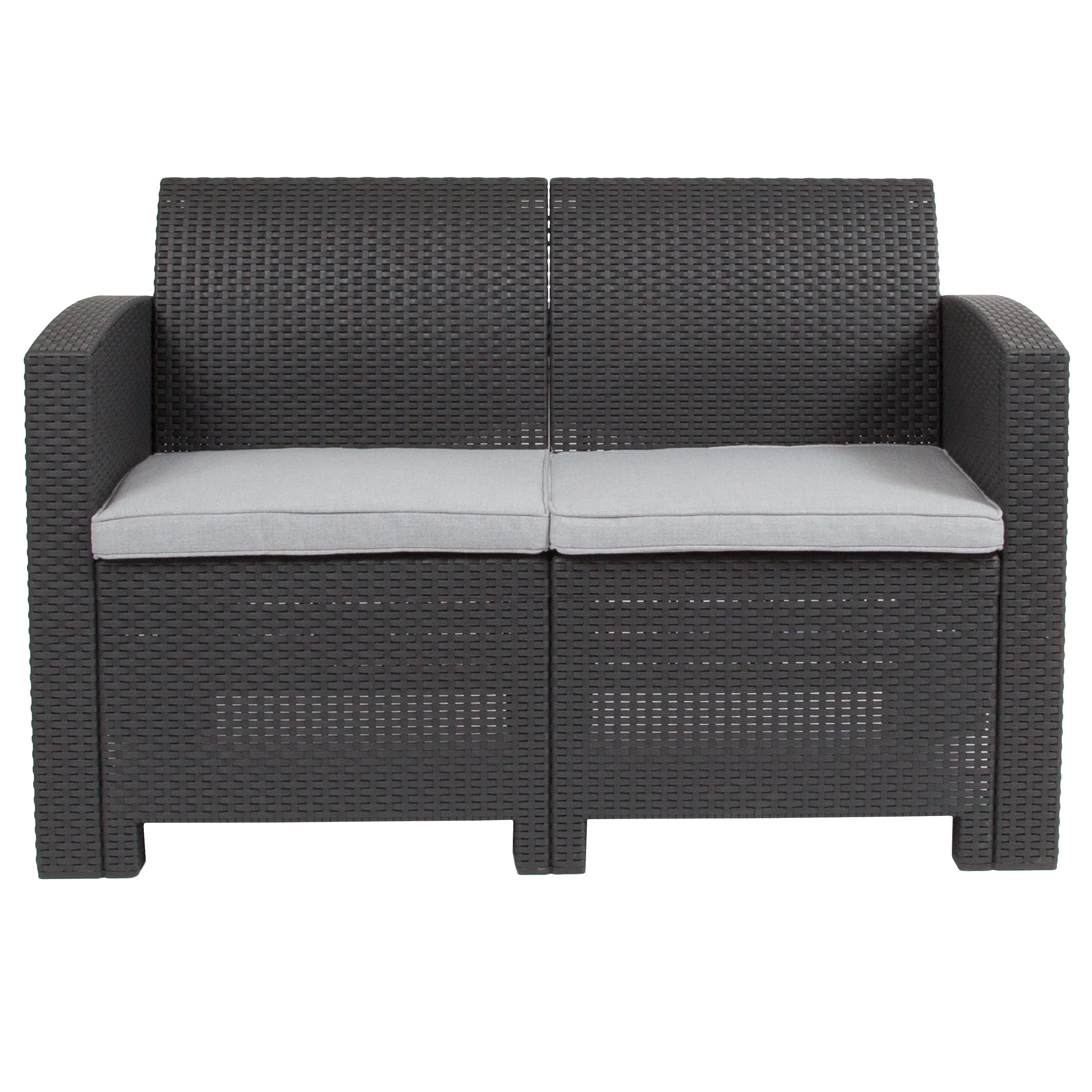 Seneca Dark Gray Faux Rattan Loveseat with All-Weather Seneca Light Gray Cushions